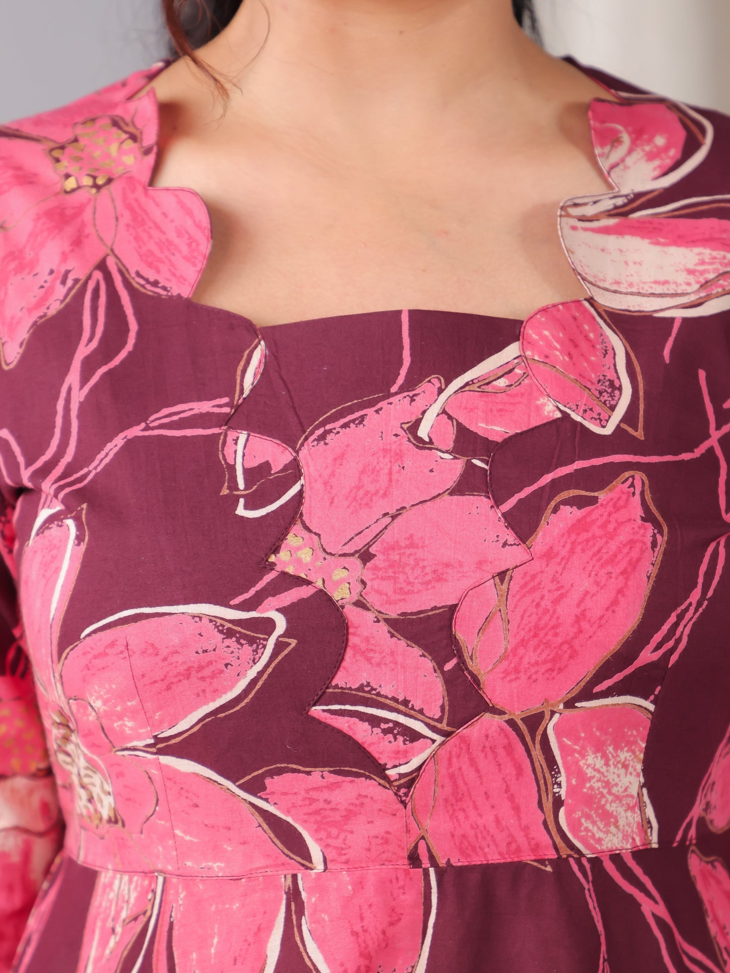 Soft Cotton Floral Flared Purple Dress