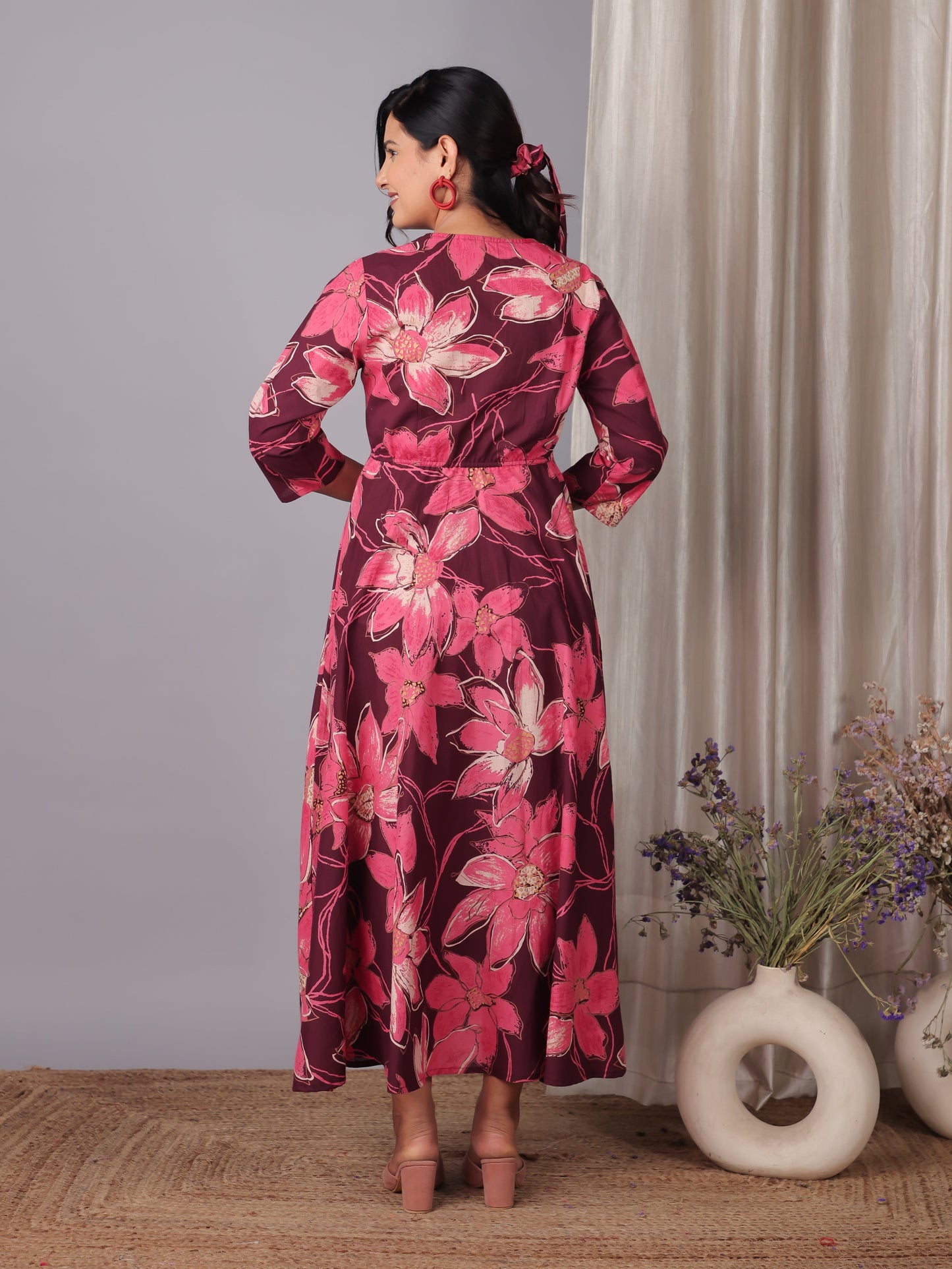 Soft Cotton Floral Flared Purple Dress