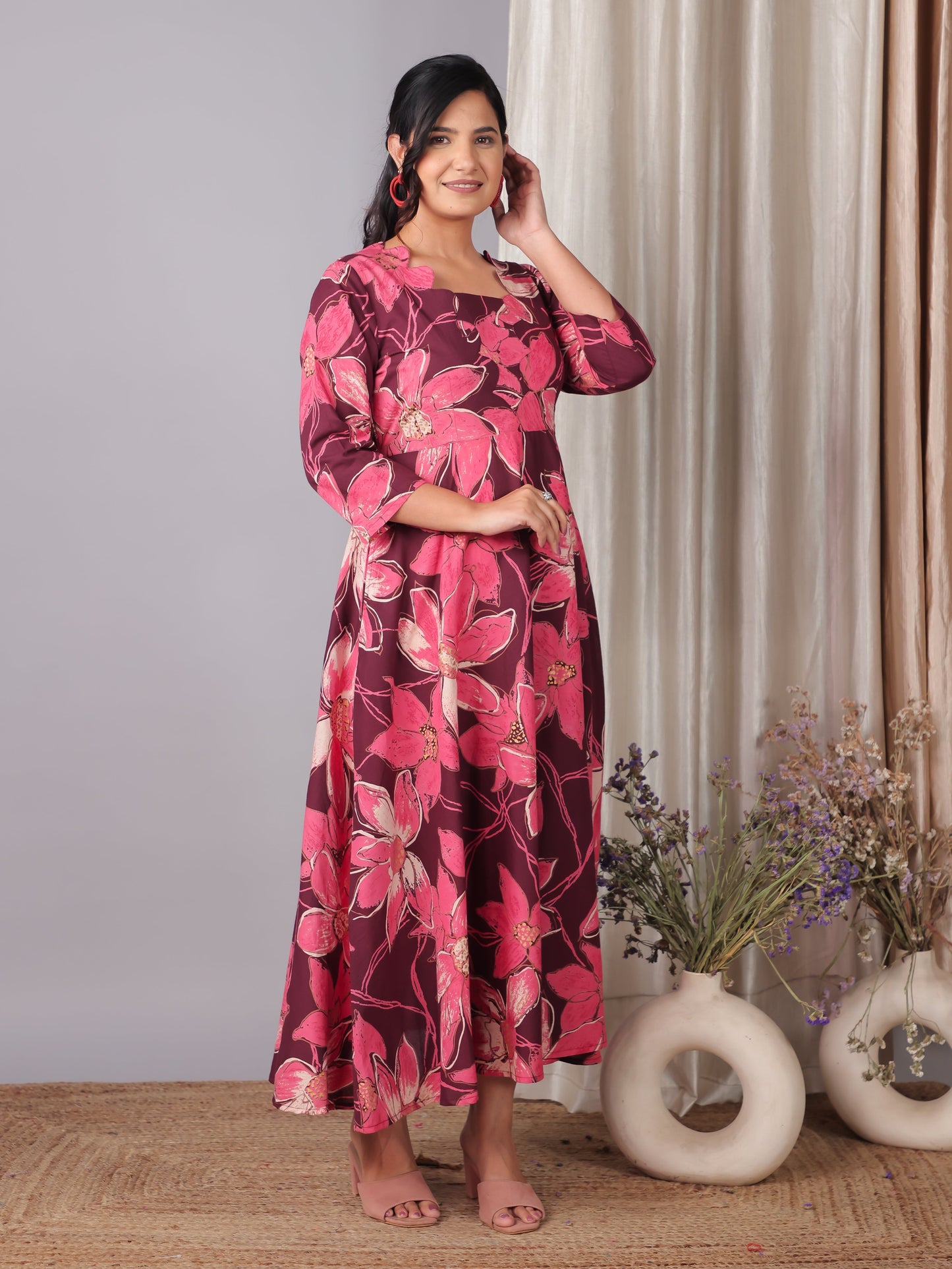 Soft Cotton Floral Flared Purple Dress