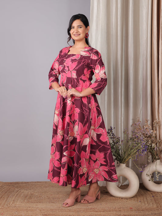 Soft Cotton Floral Flared Purple Dress