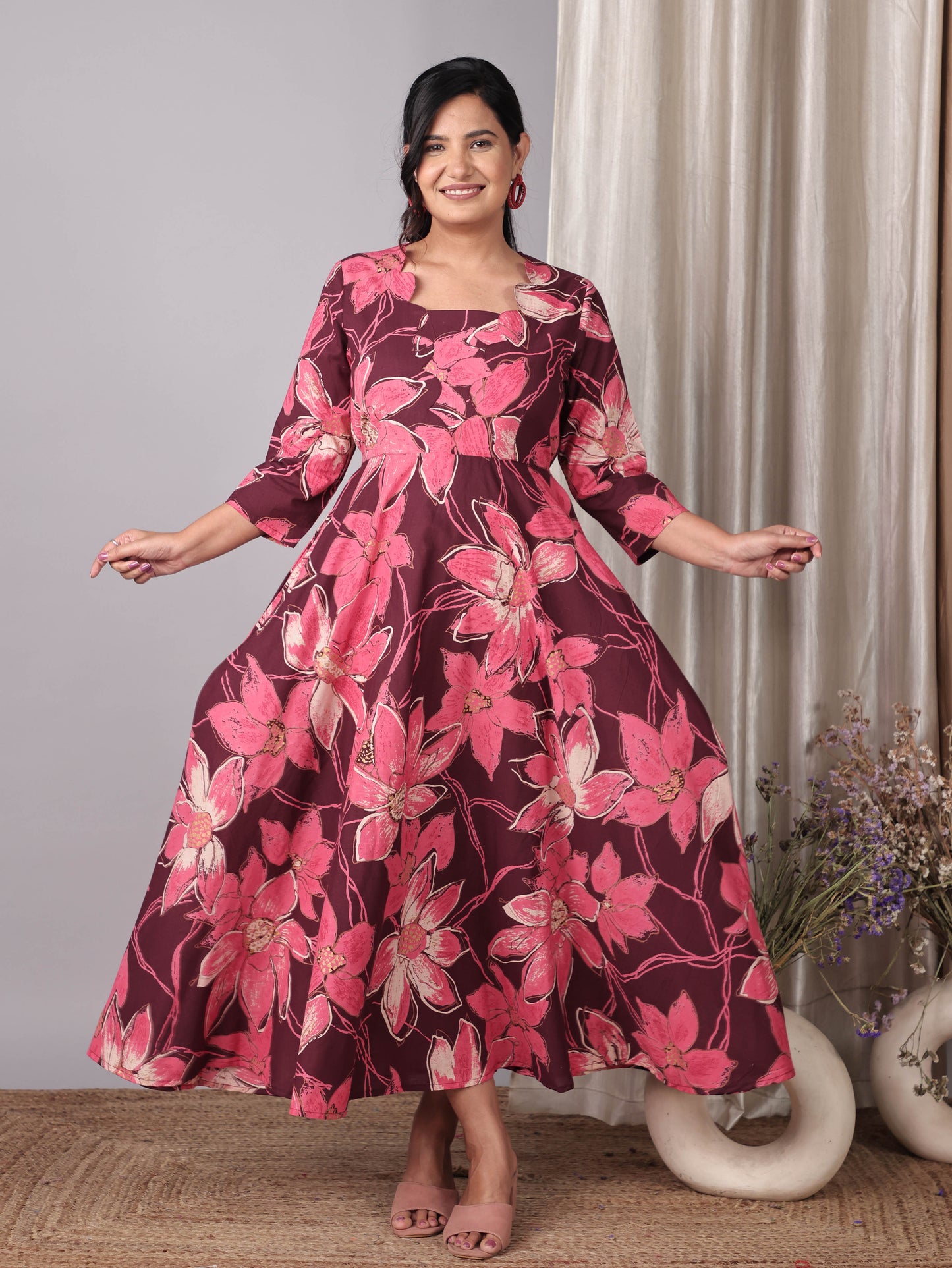 Soft Cotton Floral Flared Purple Dress