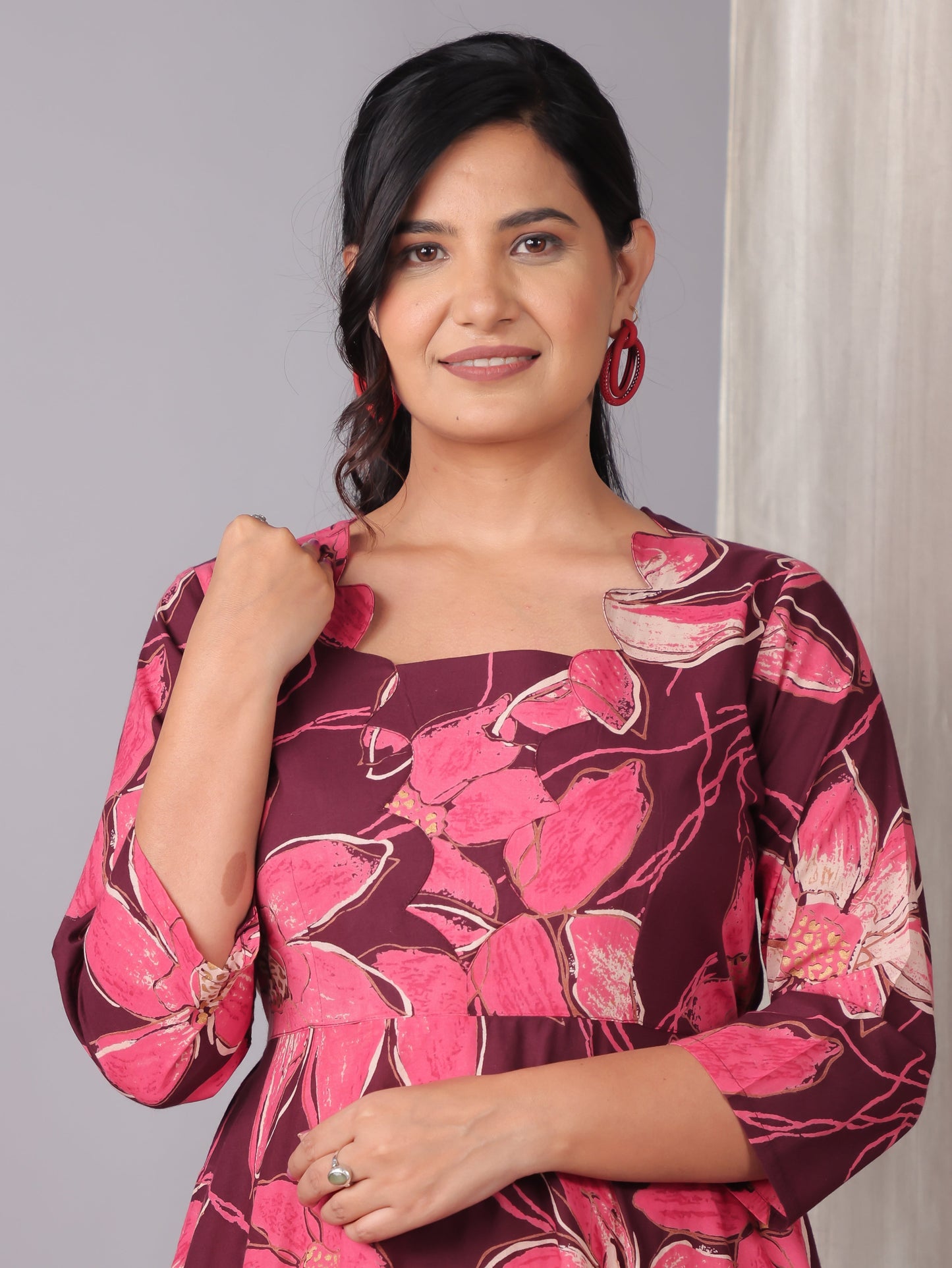 Soft Cotton Floral Flared Purple Dress