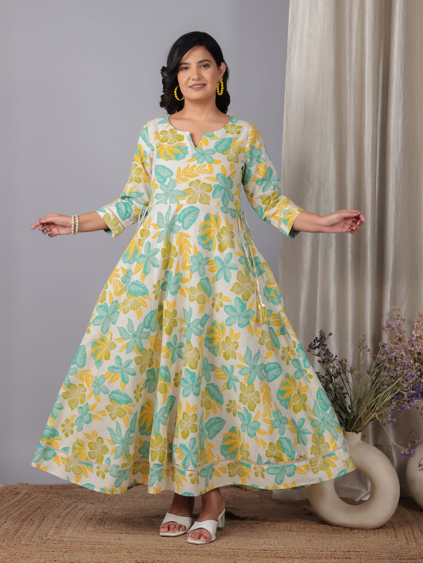 Linen Cotton Floral Anarkali Off White Dress