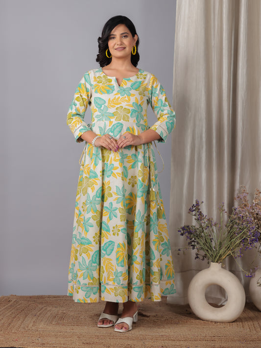 Linen Cotton Floral Anarkali Off White Dress