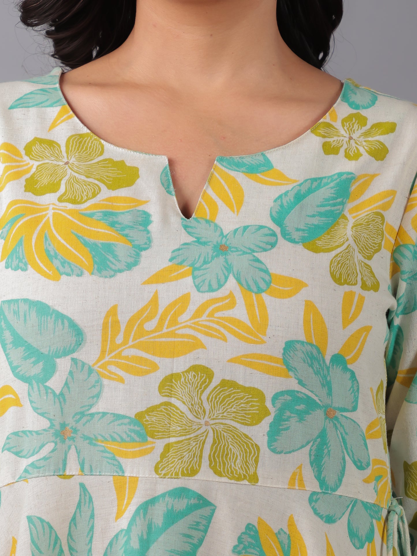 Linen Cotton Floral Anarkali Off White Dress