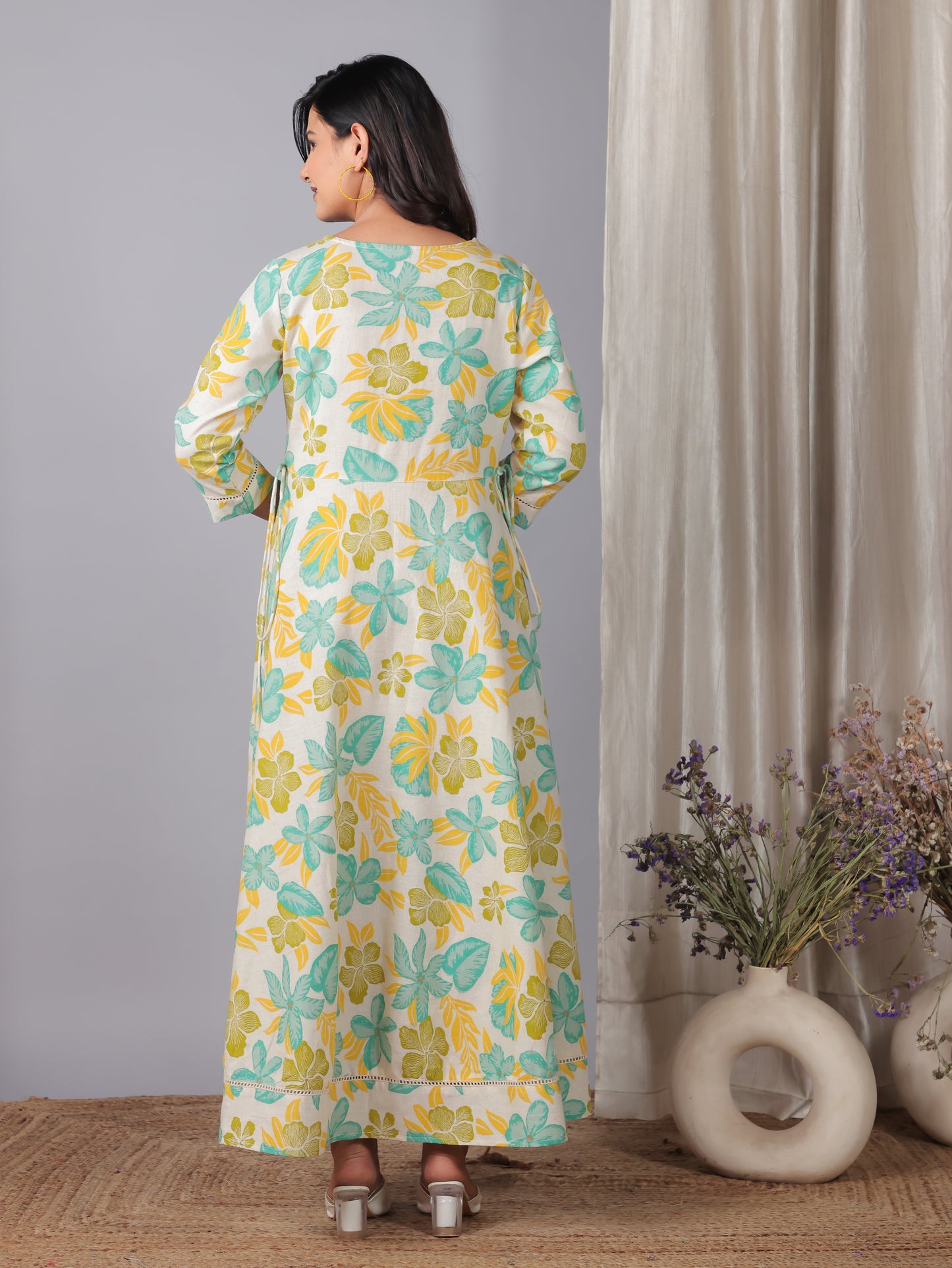 Linen Cotton Floral Anarkali Off White Dress