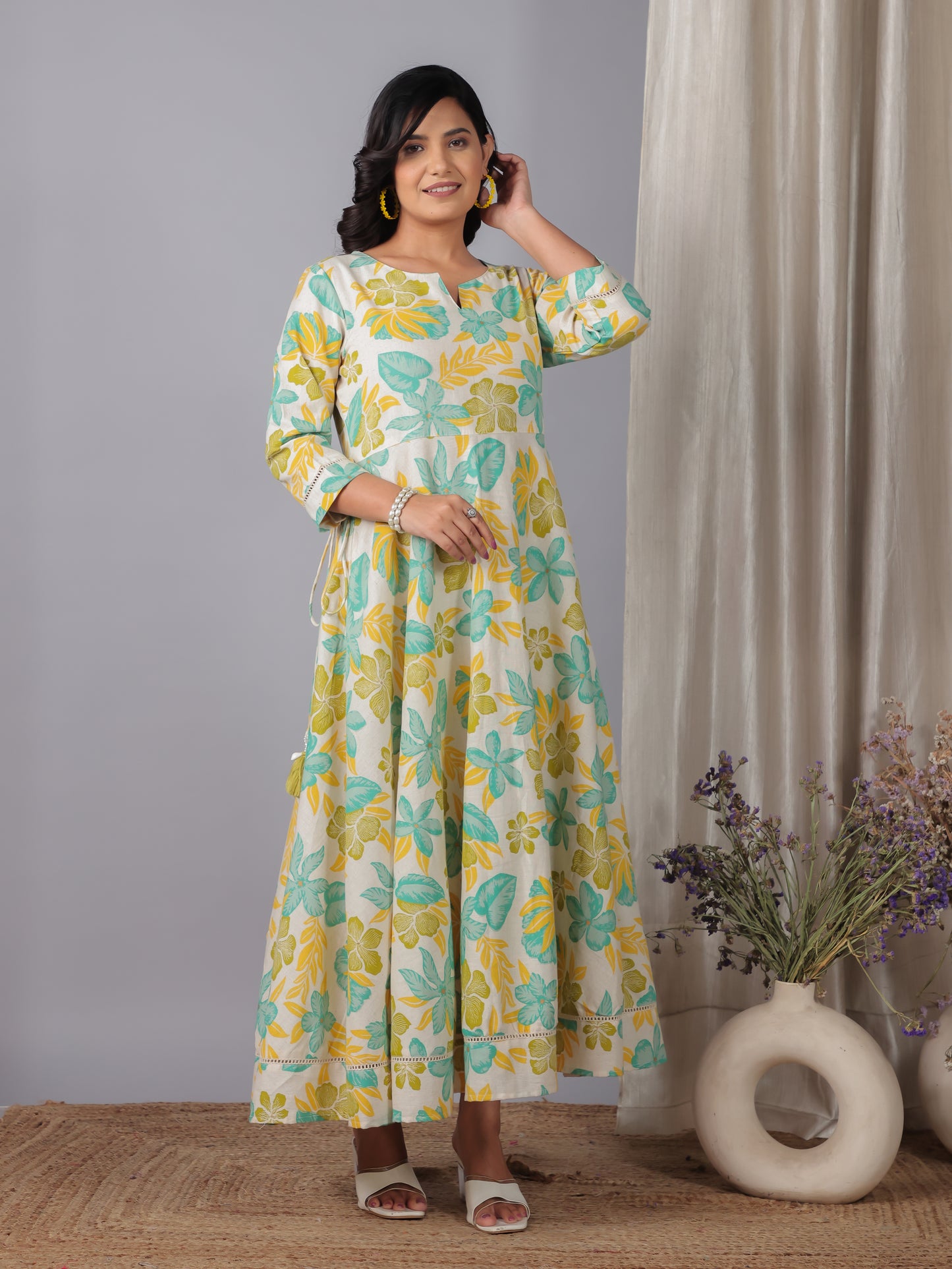 Linen Cotton Floral Anarkali Off White Dress