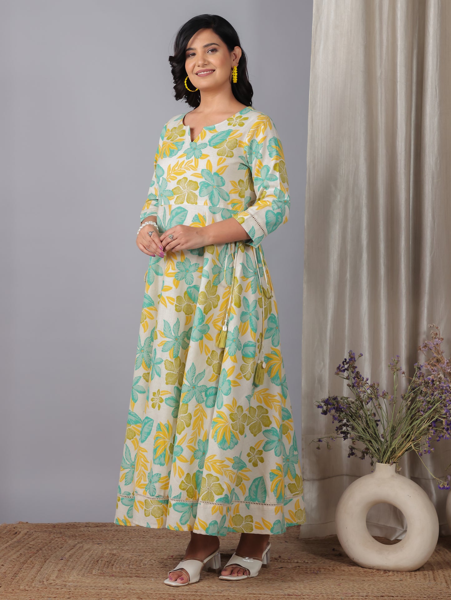 Linen Cotton Floral Anarkali Off White Dress