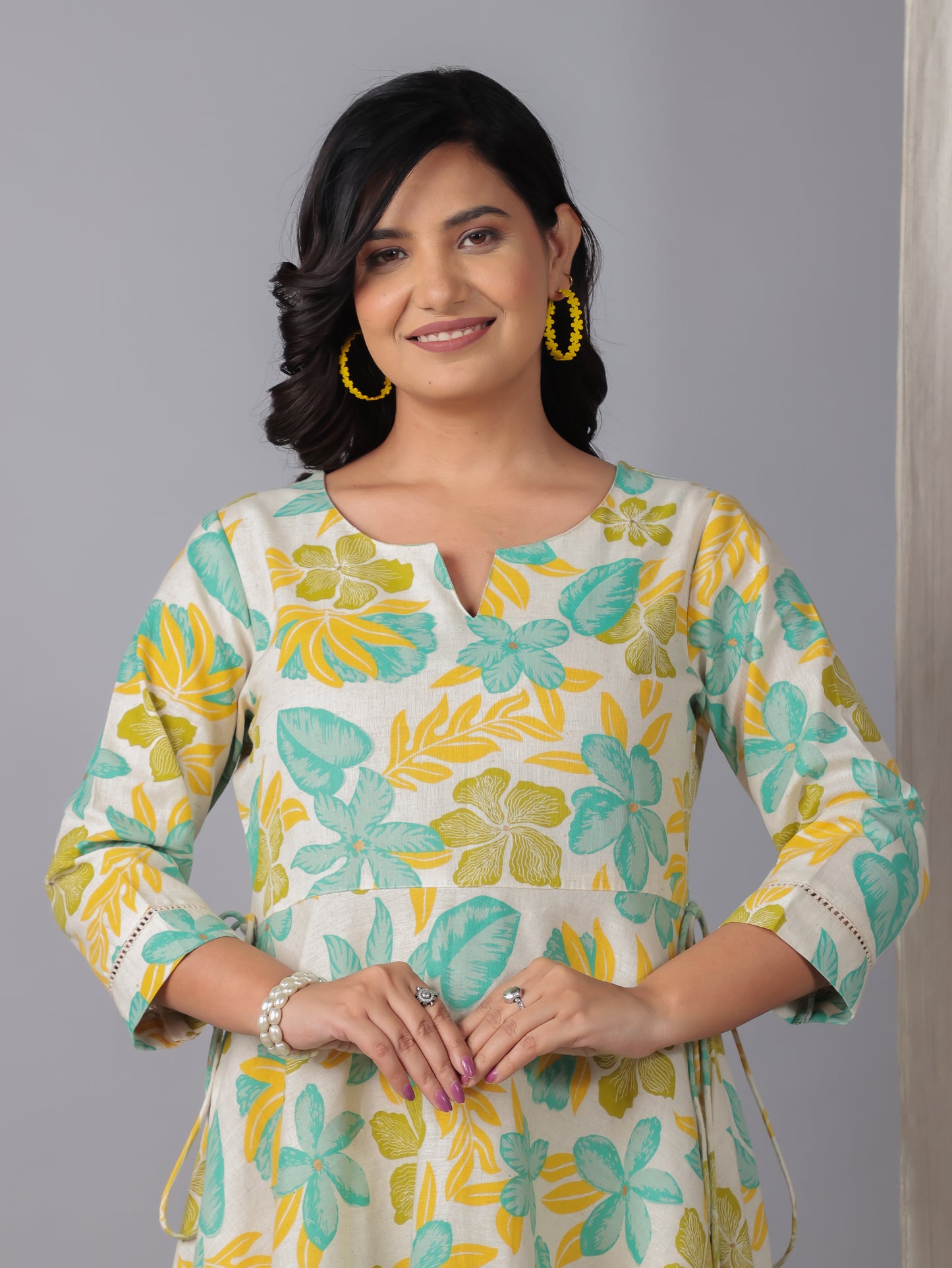 Linen Cotton Floral Anarkali Off White Dress