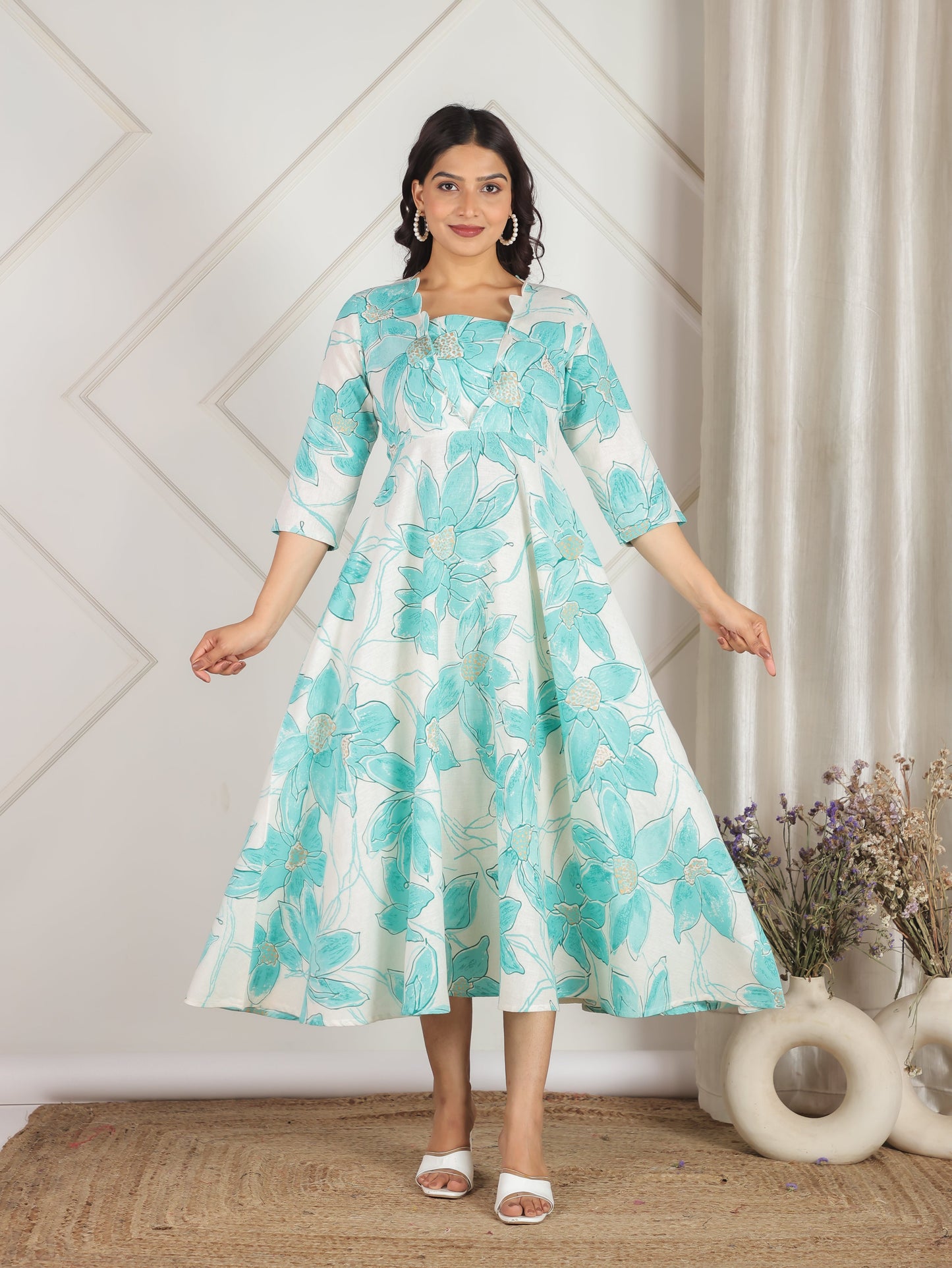 Linen Cotton Floral Flared Off White Dress