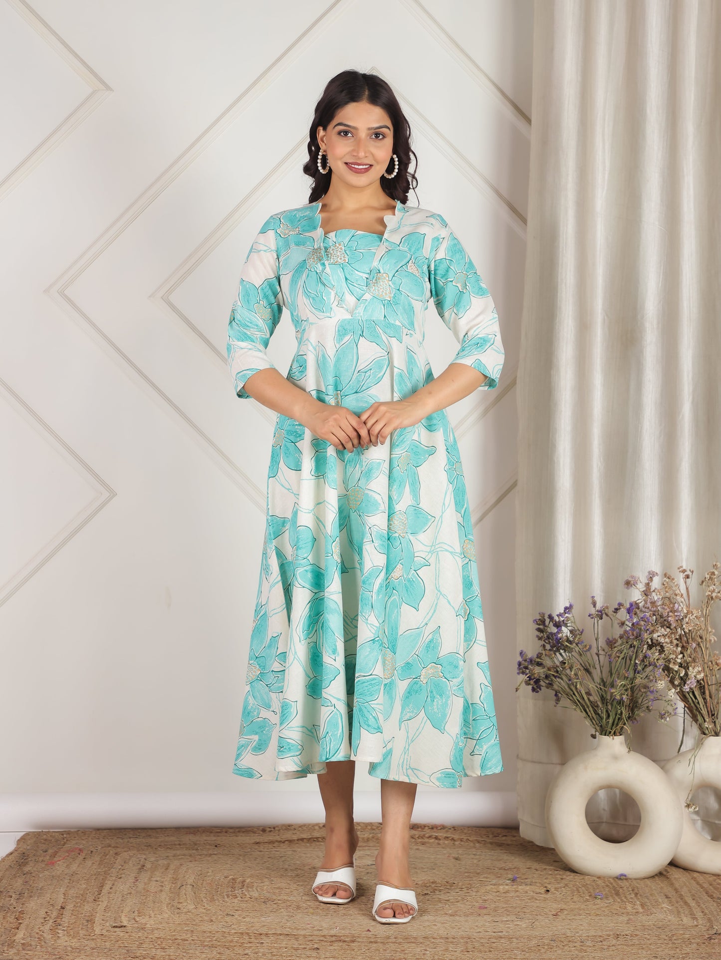 Linen Cotton Floral Flared Off White Dress