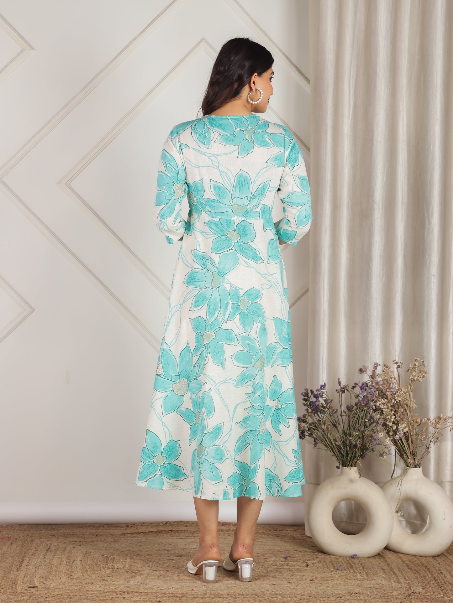 Linen Cotton Floral Flared Off White Dress