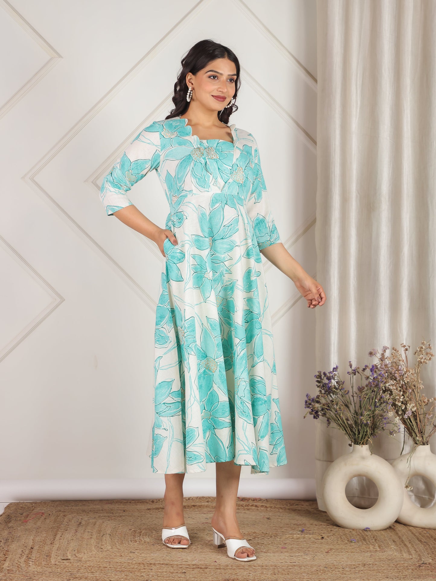 Linen Cotton Floral Flared Off White Dress