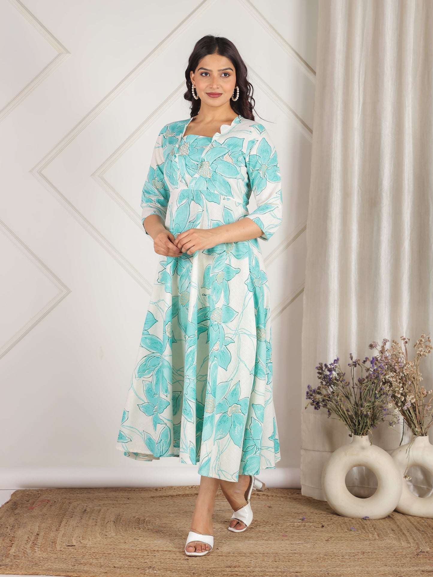 Linen Cotton Floral Flared Off White Dress