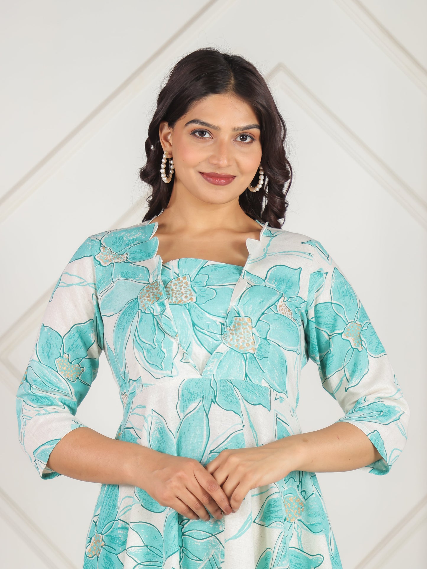 Linen Cotton Floral Flared Off White Dress