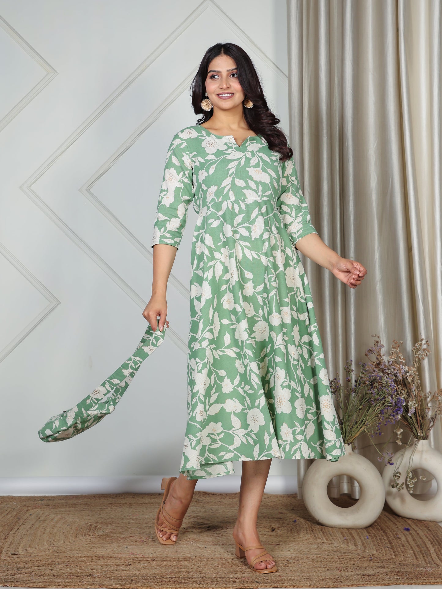 Linen Cotton Floral Anarkali Green Dress