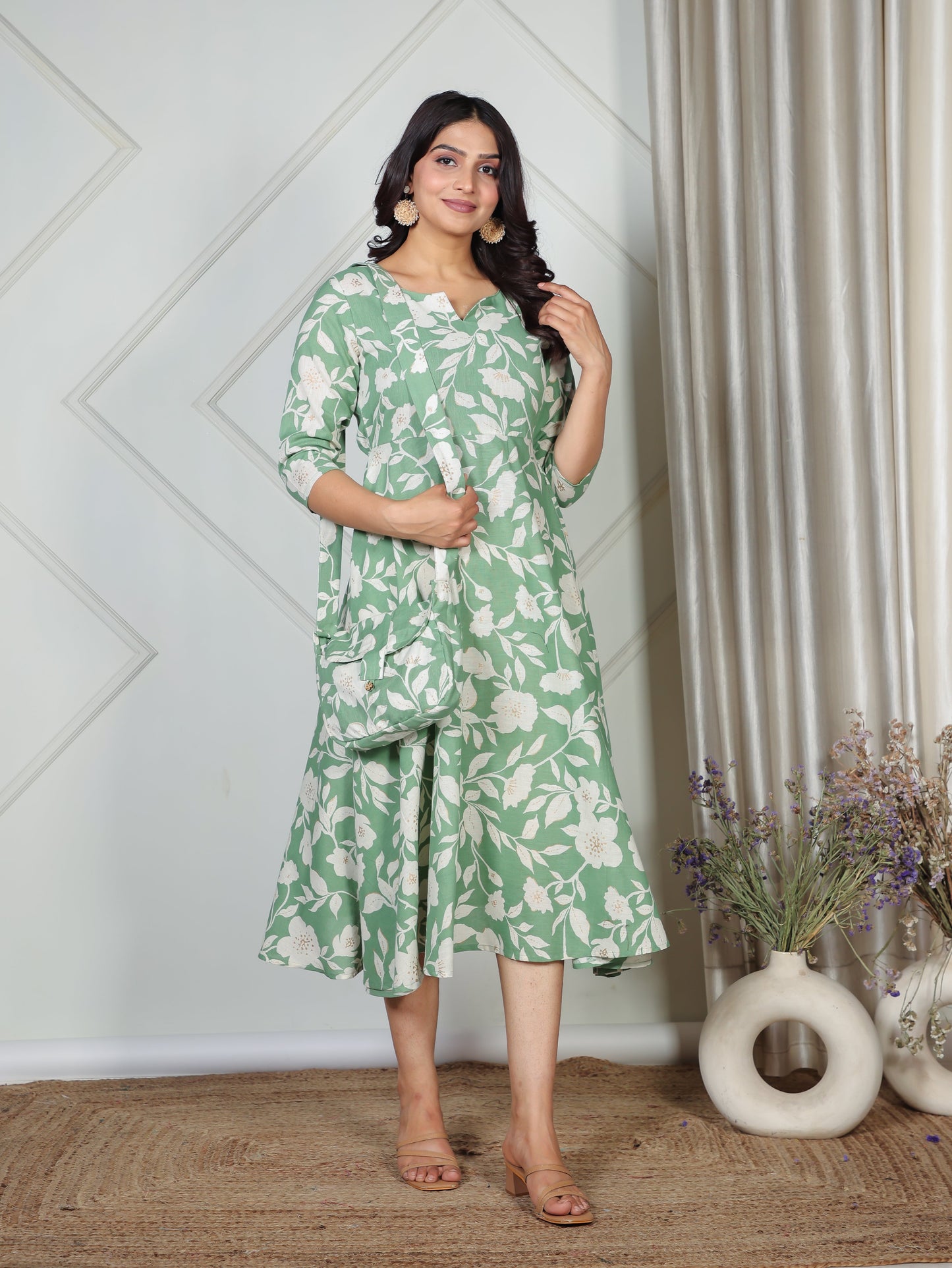 Linen Cotton Floral Anarkali Green Dress