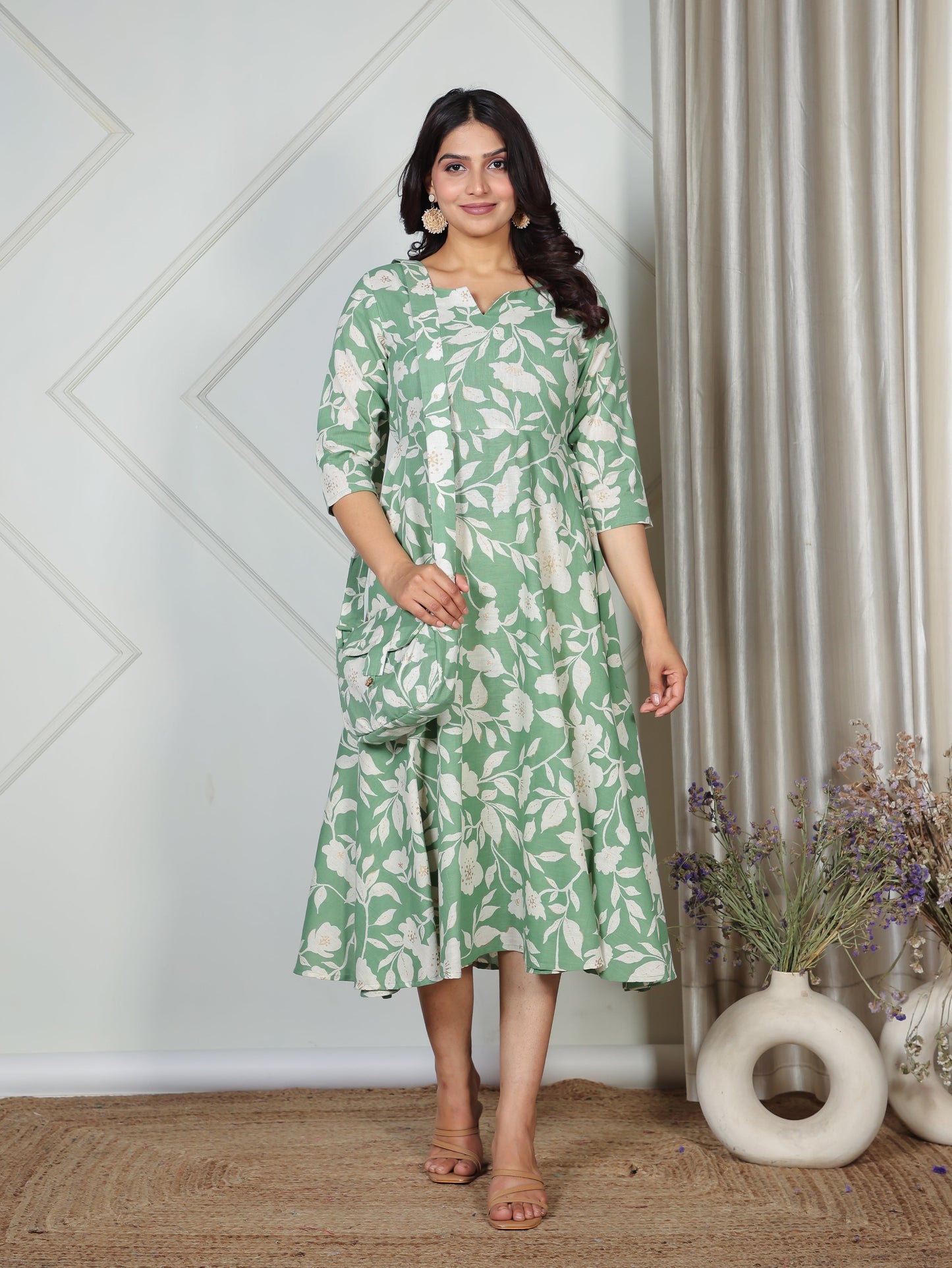 Linen Cotton Floral Anarkali Green Dress