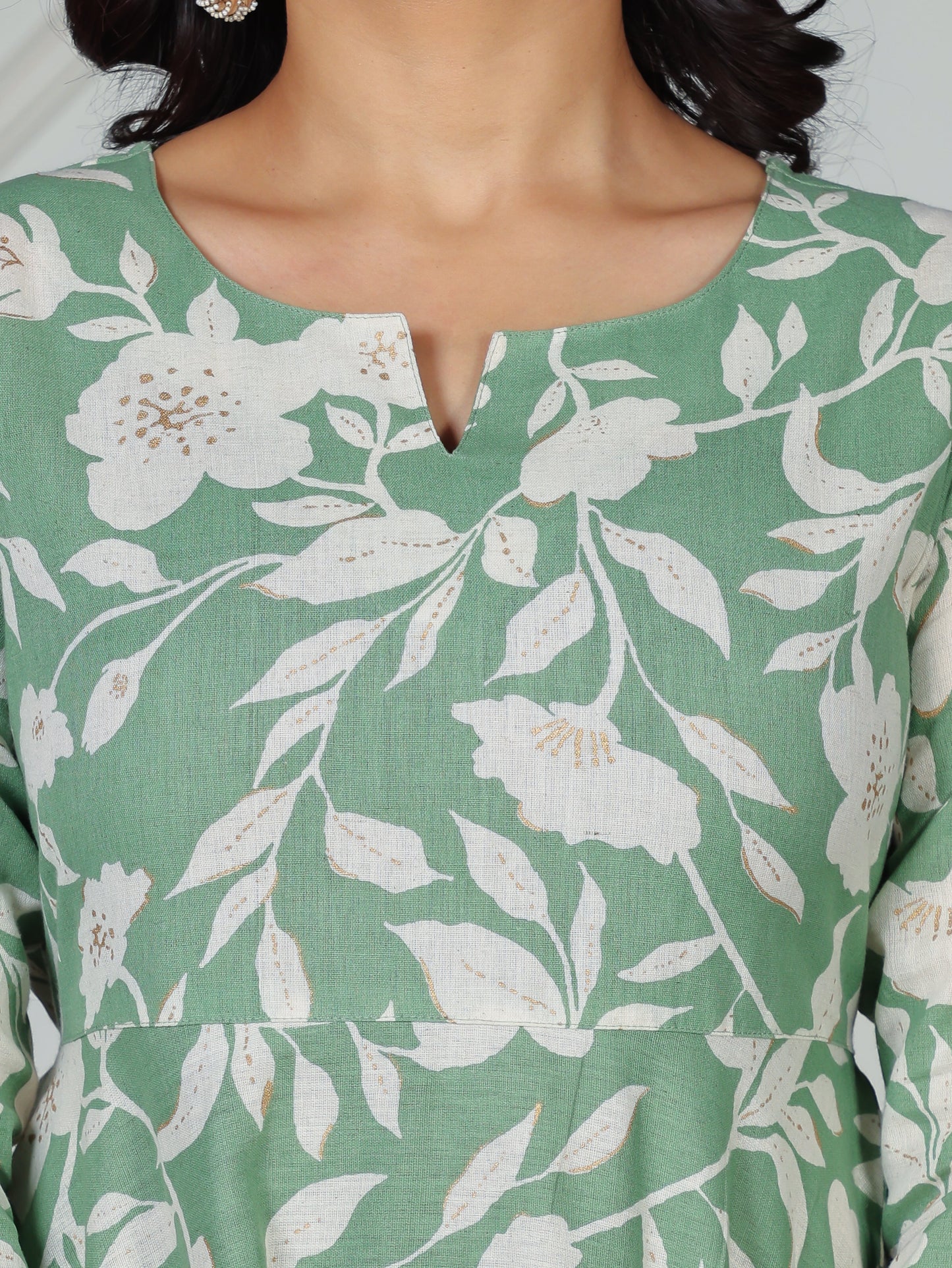 Linen Cotton Floral Anarkali Green Dress