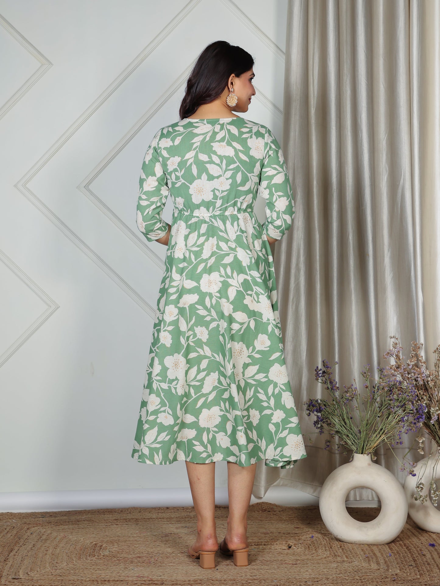 Linen Cotton Floral Anarkali Green Dress