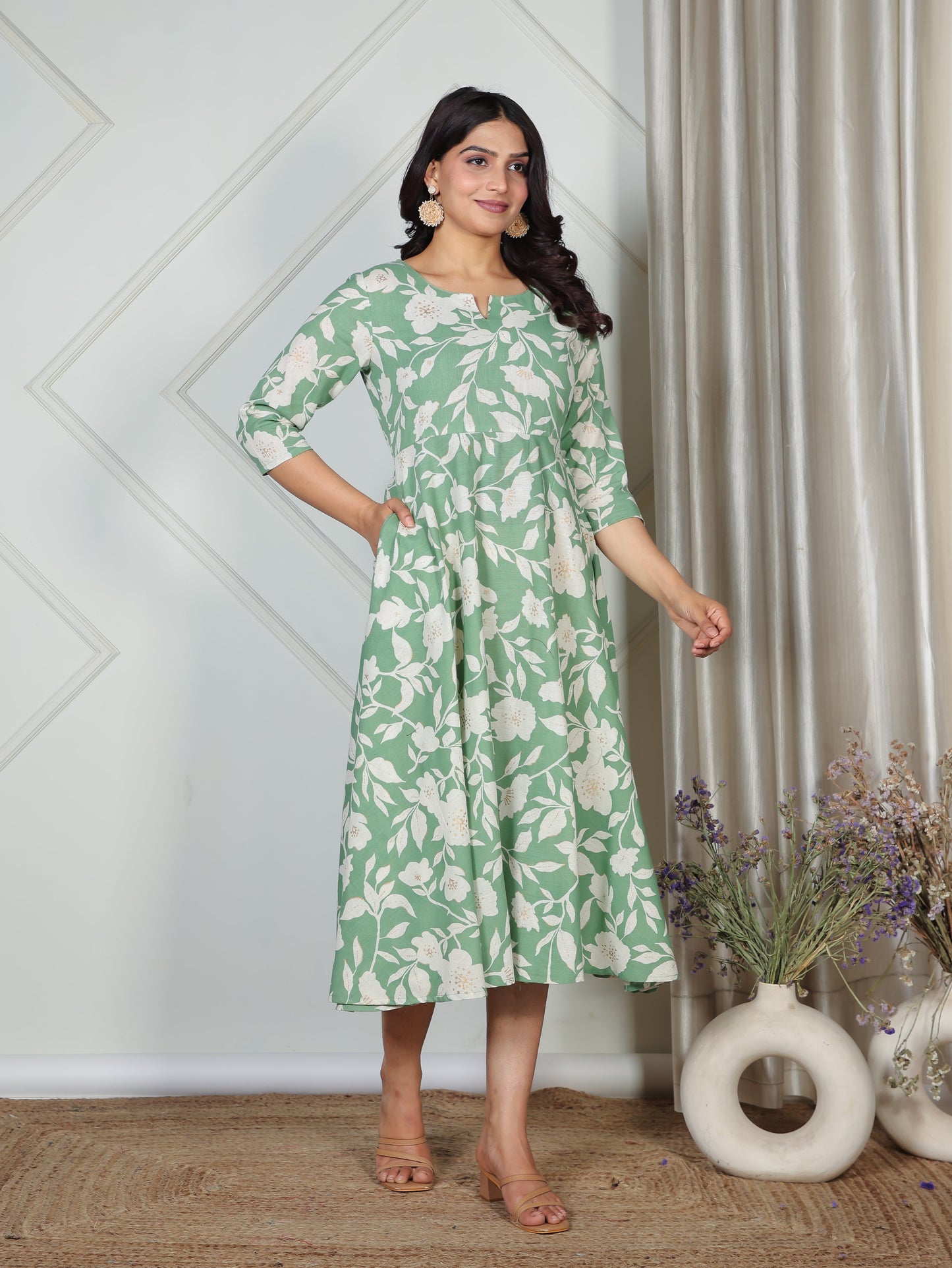 Linen Cotton Floral Anarkali Green Dress