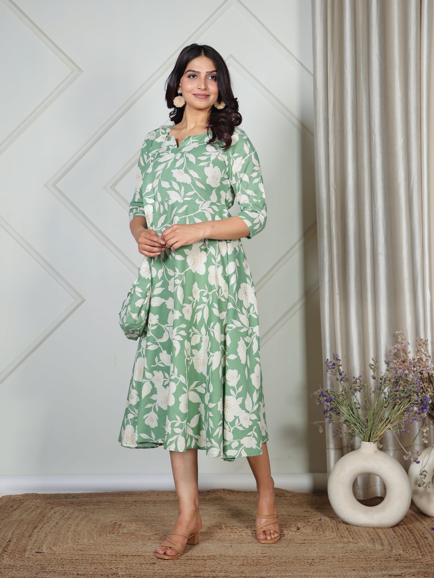 Linen Cotton Floral Anarkali Green Dress