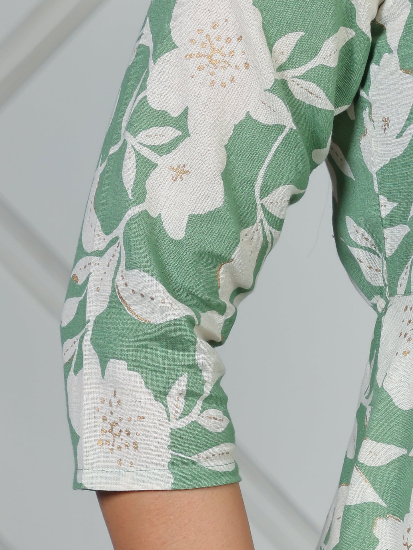 Linen Cotton Floral Anarkali Green Dress