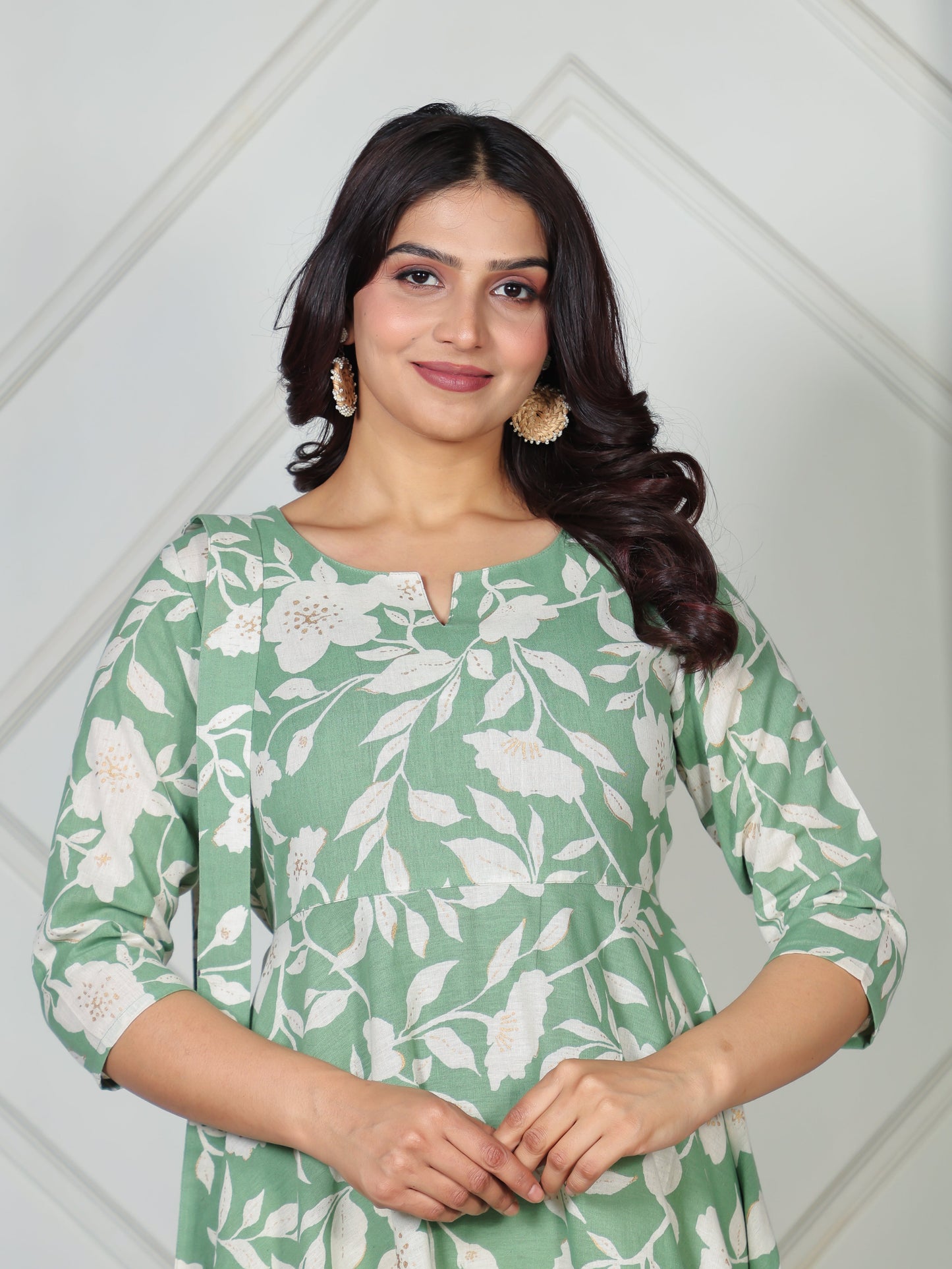 Linen Cotton Floral Anarkali Green Dress