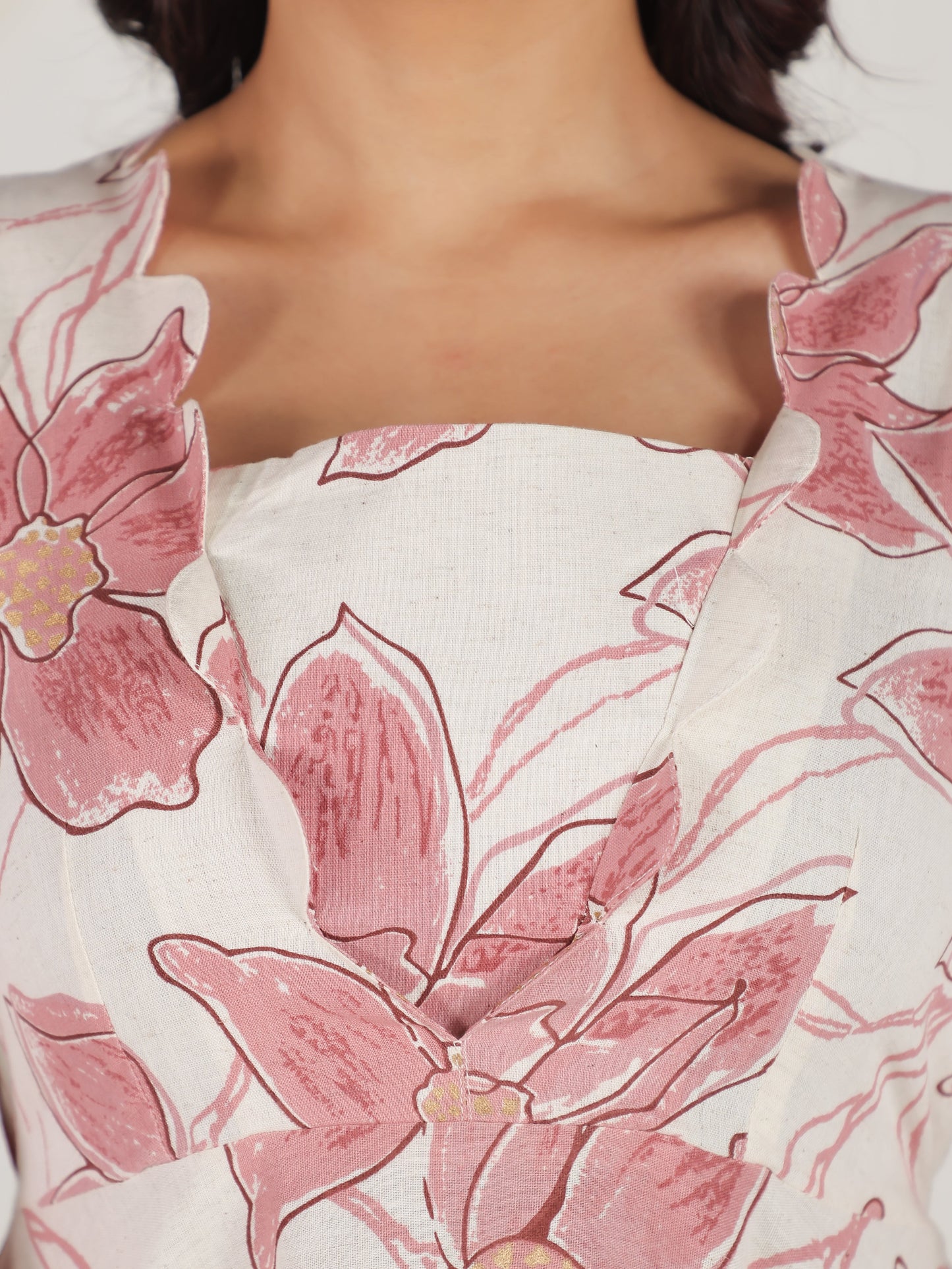 Linen Cotton Floral Flared Off White Dress