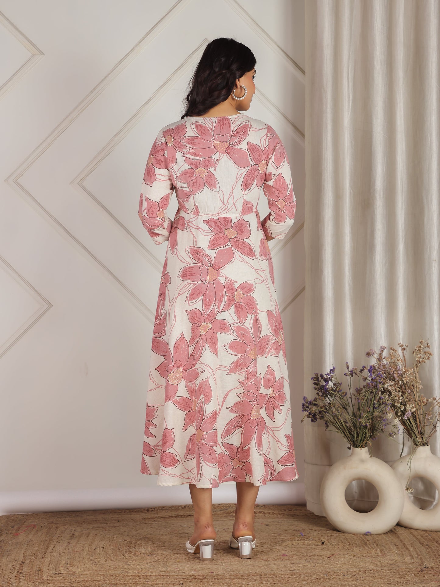 Linen Cotton Floral Flared Off White Dress