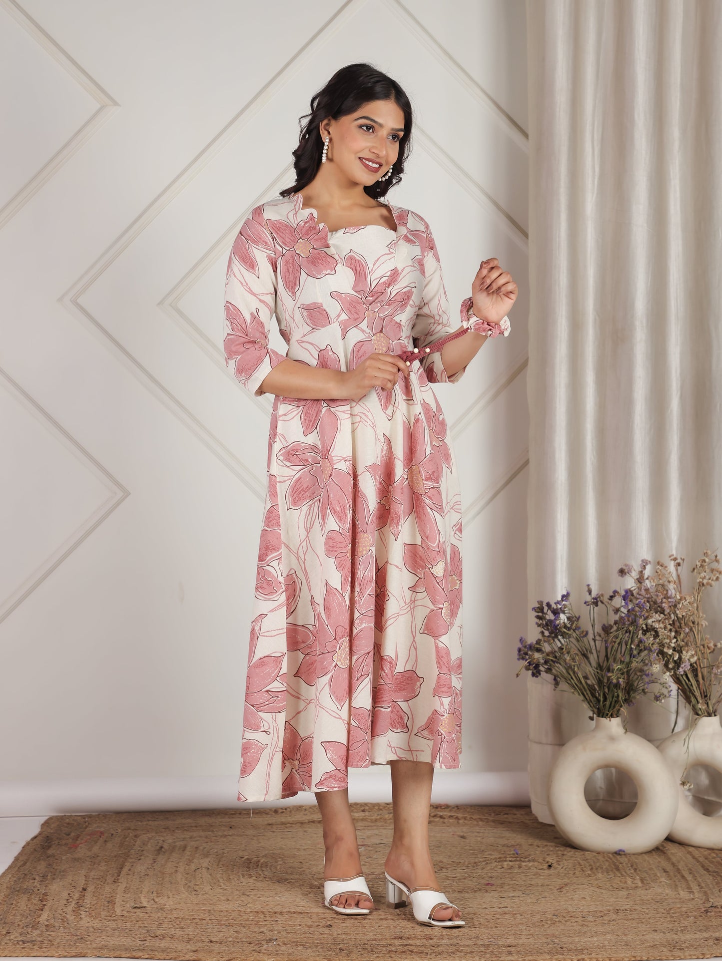 Linen Cotton Floral Flared Off White Dress