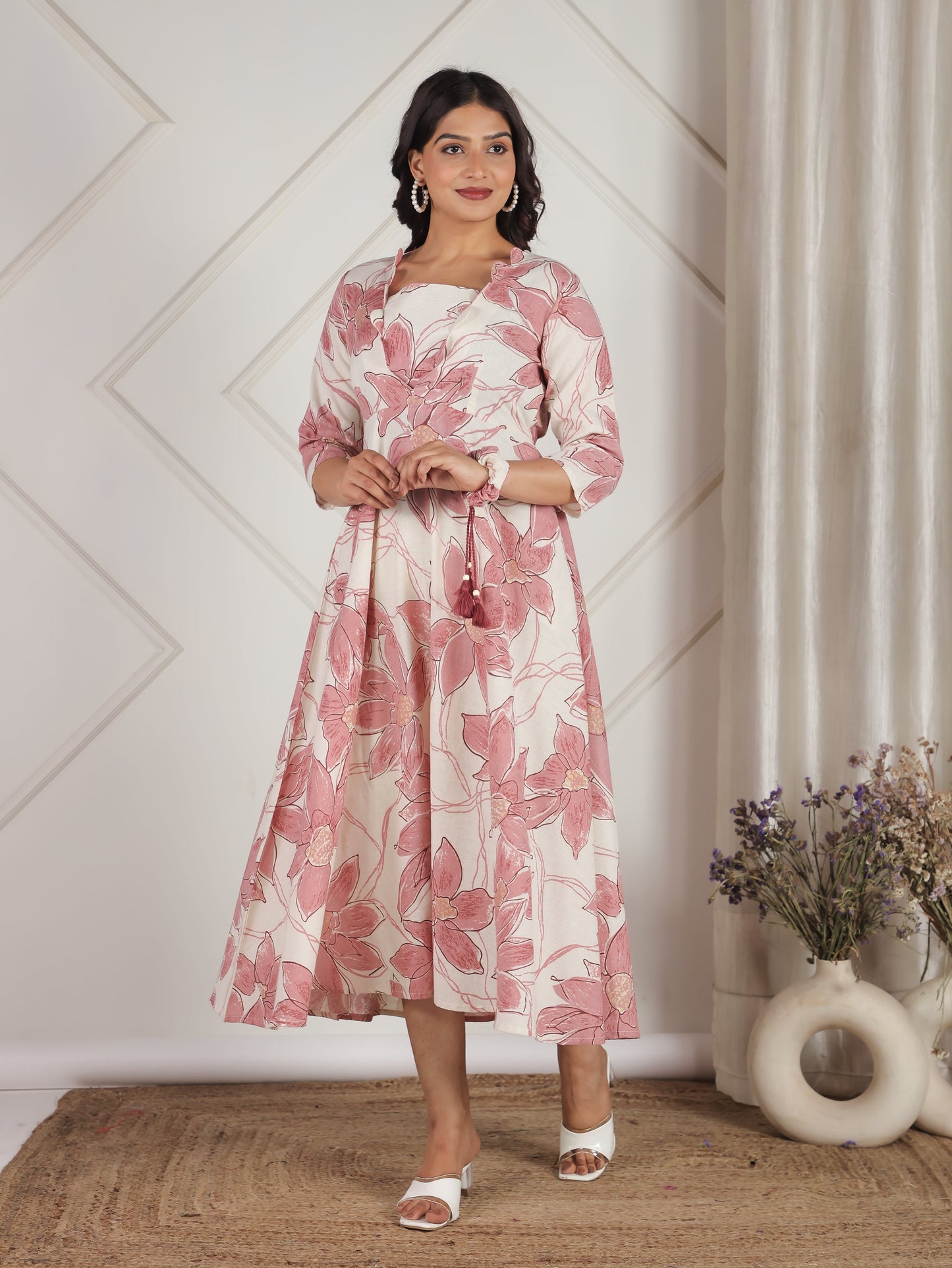 Linen Cotton Floral Flared Off White Dress