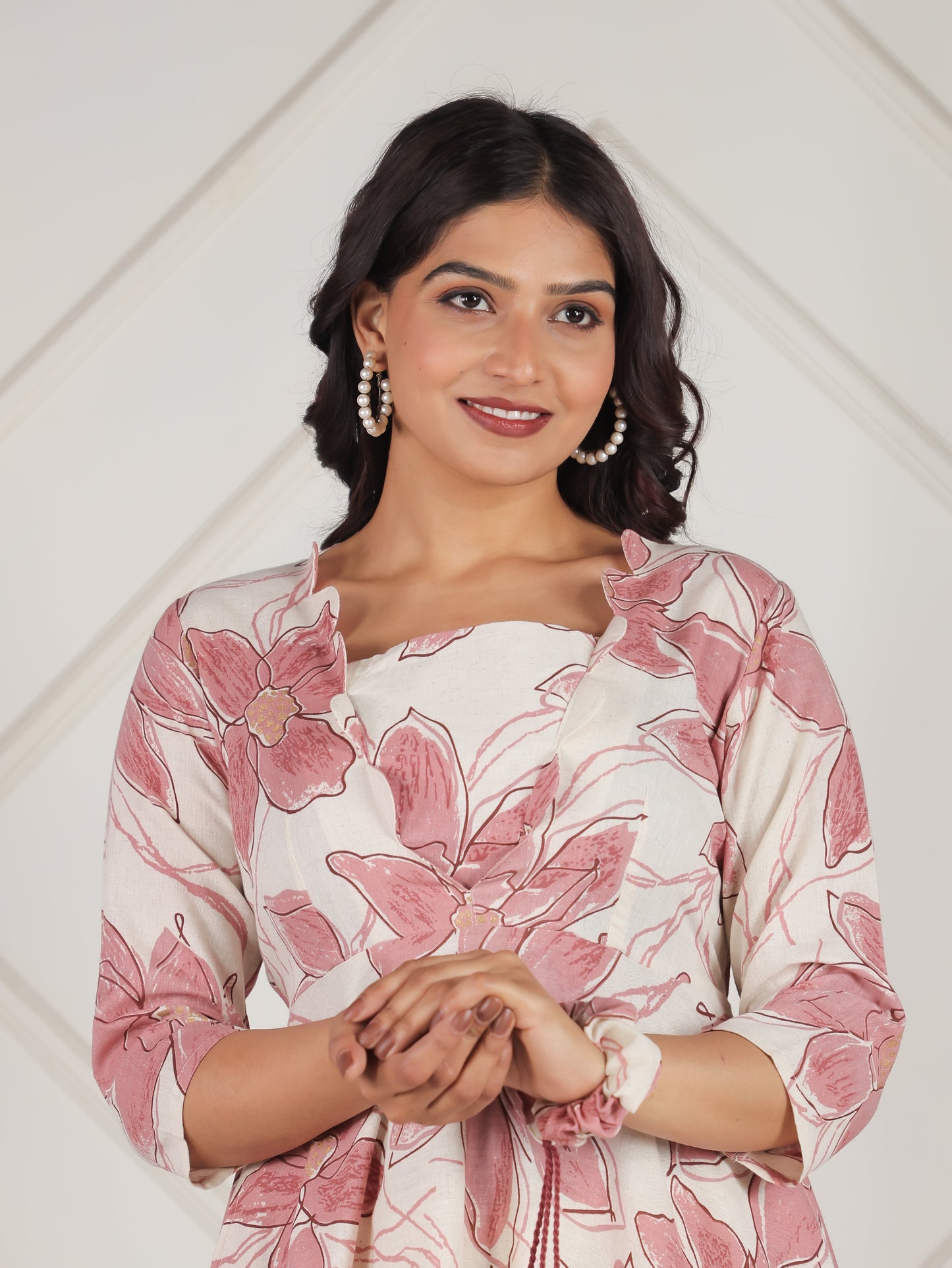 Linen Cotton Floral Flared Off White Dress