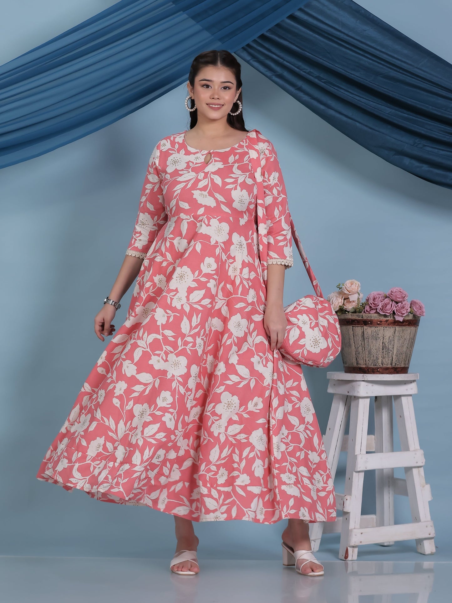 Linen Cotton Floral Anarkali Peach Dress (With Bag)