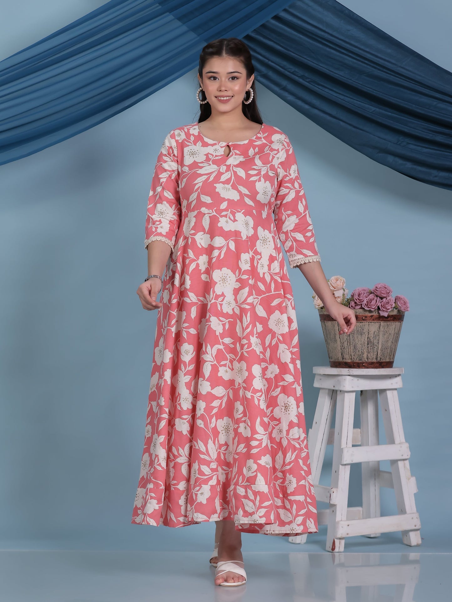 Linen Cotton Floral Anarkali Peach Dress (With Bag)