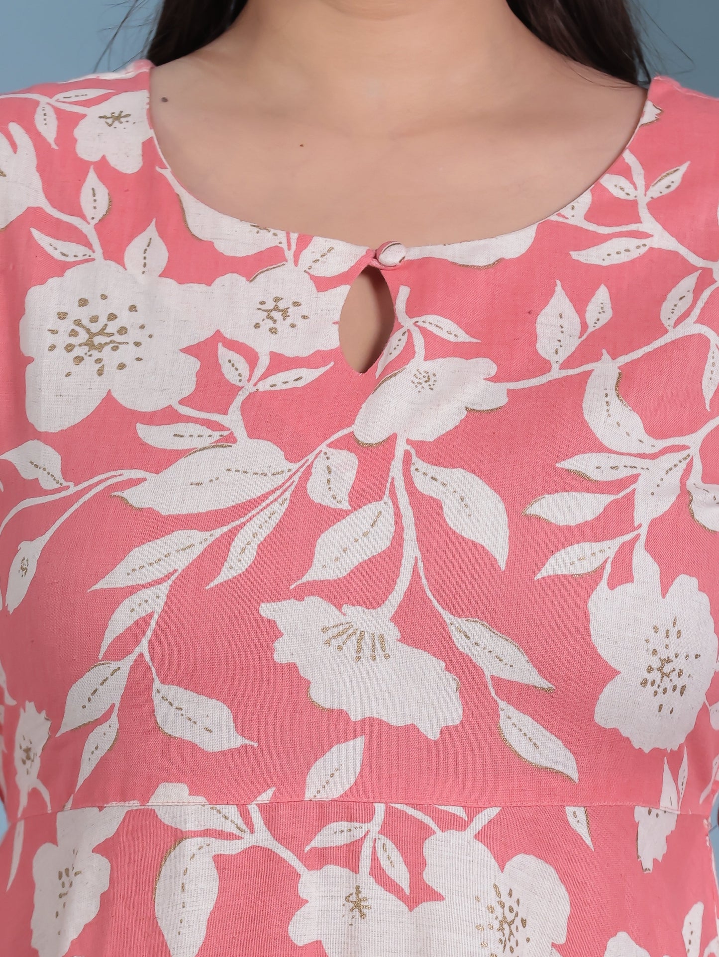 Linen Cotton Floral Anarkali Peach Dress (With Bag)