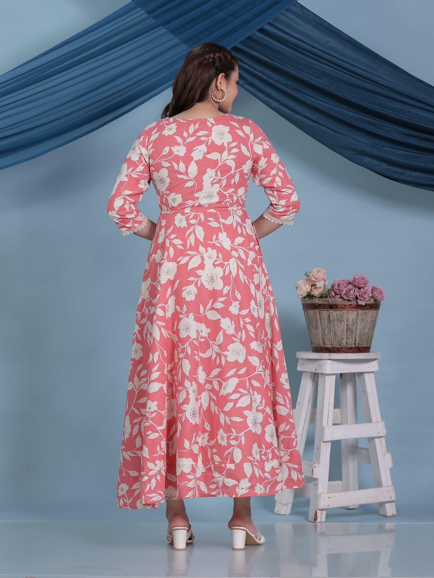 Linen Cotton Floral Anarkali Peach Dress (With Bag)
