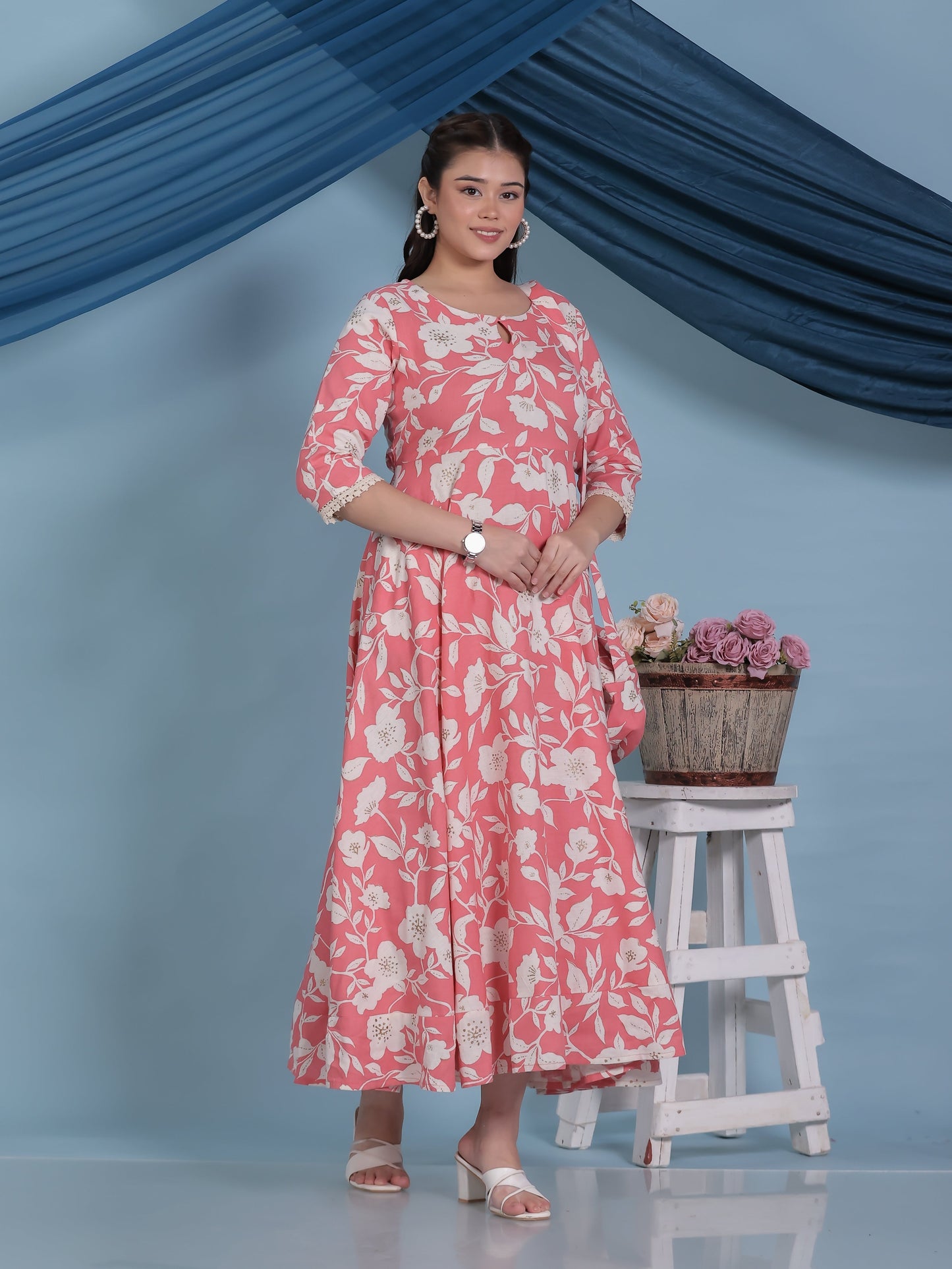 Linen Cotton Floral Anarkali Peach Dress (With Bag)