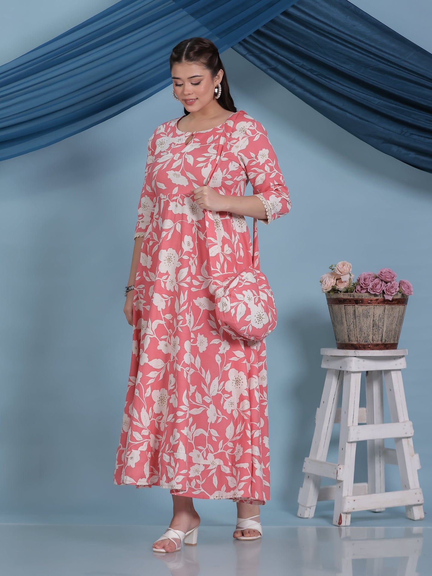 Linen Cotton Floral Anarkali Peach Dress (With Bag)