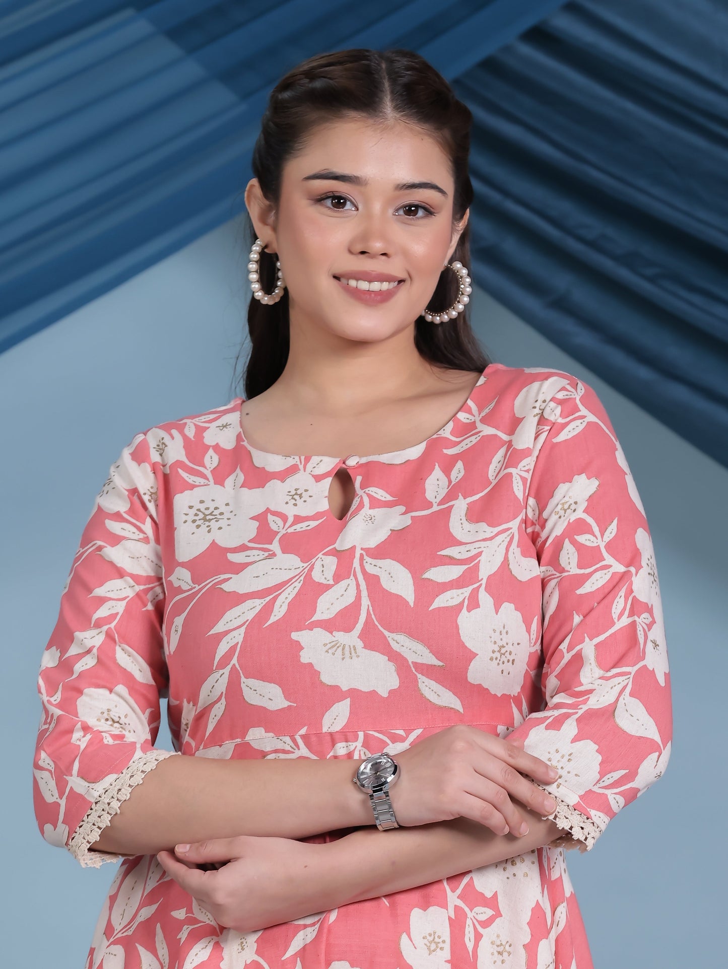 Linen Cotton Floral Anarkali Peach Dress (With Bag)