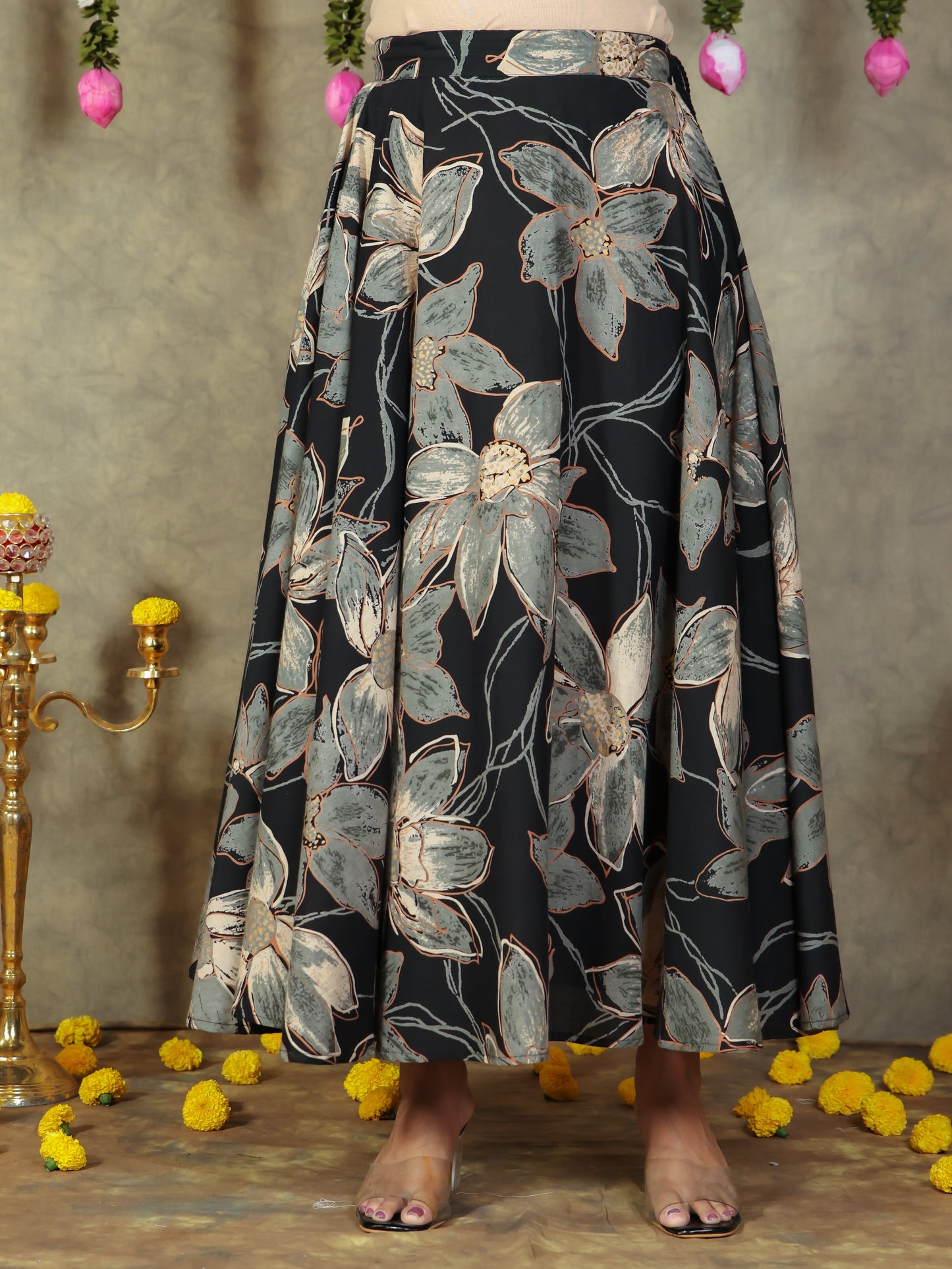 Soft Cotton Floral Black Skirt