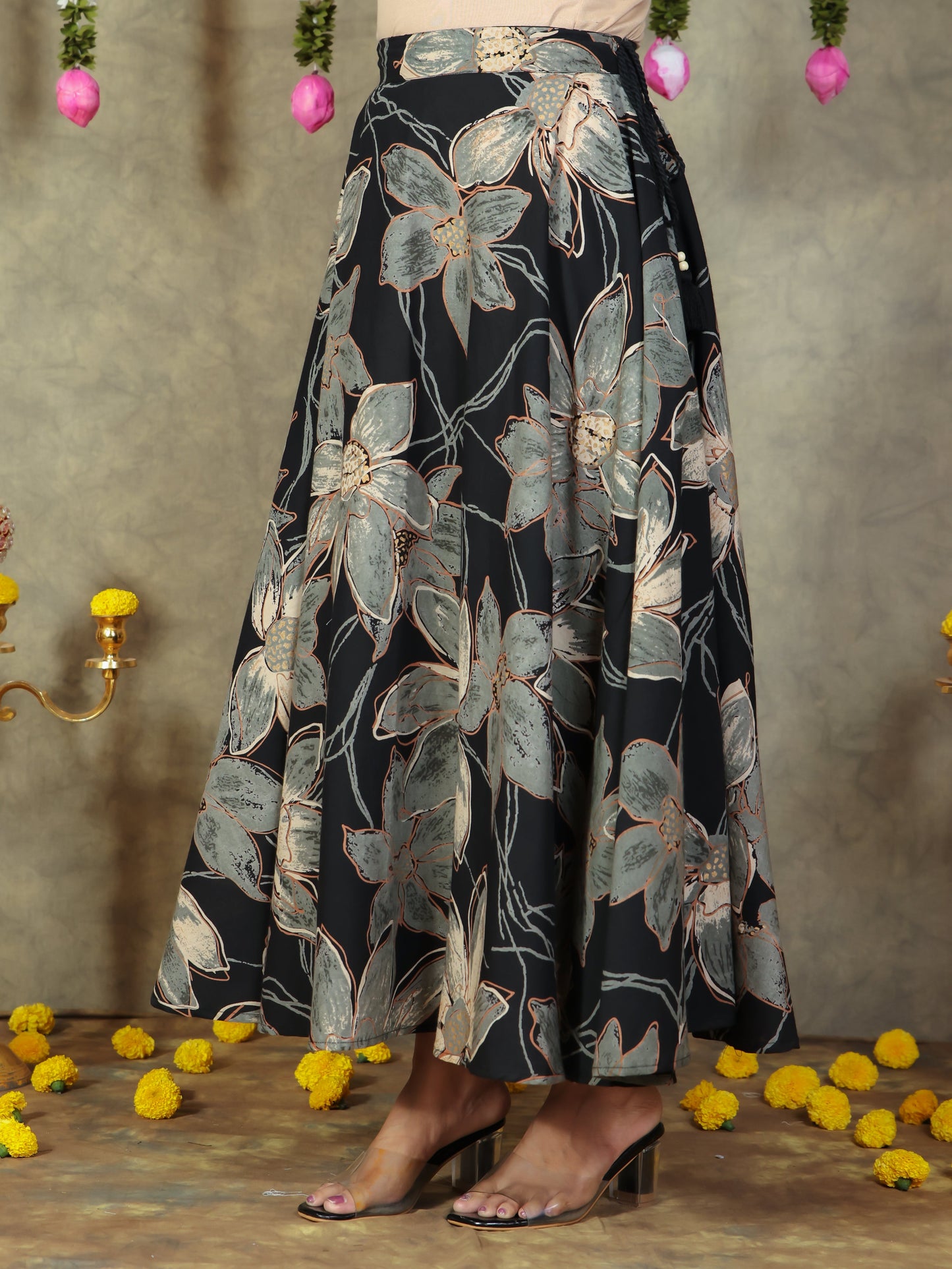 Soft Cotton Floral Black Skirt