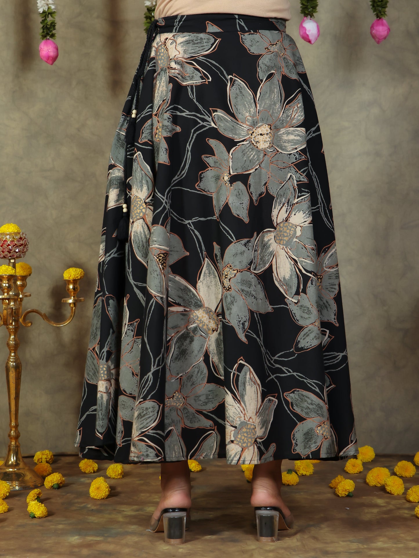 Soft Cotton Floral Black Skirt