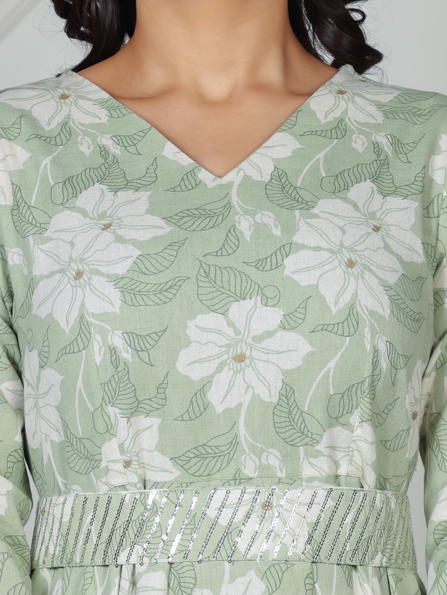Linen Cotton Floral Angrakha Green Dress