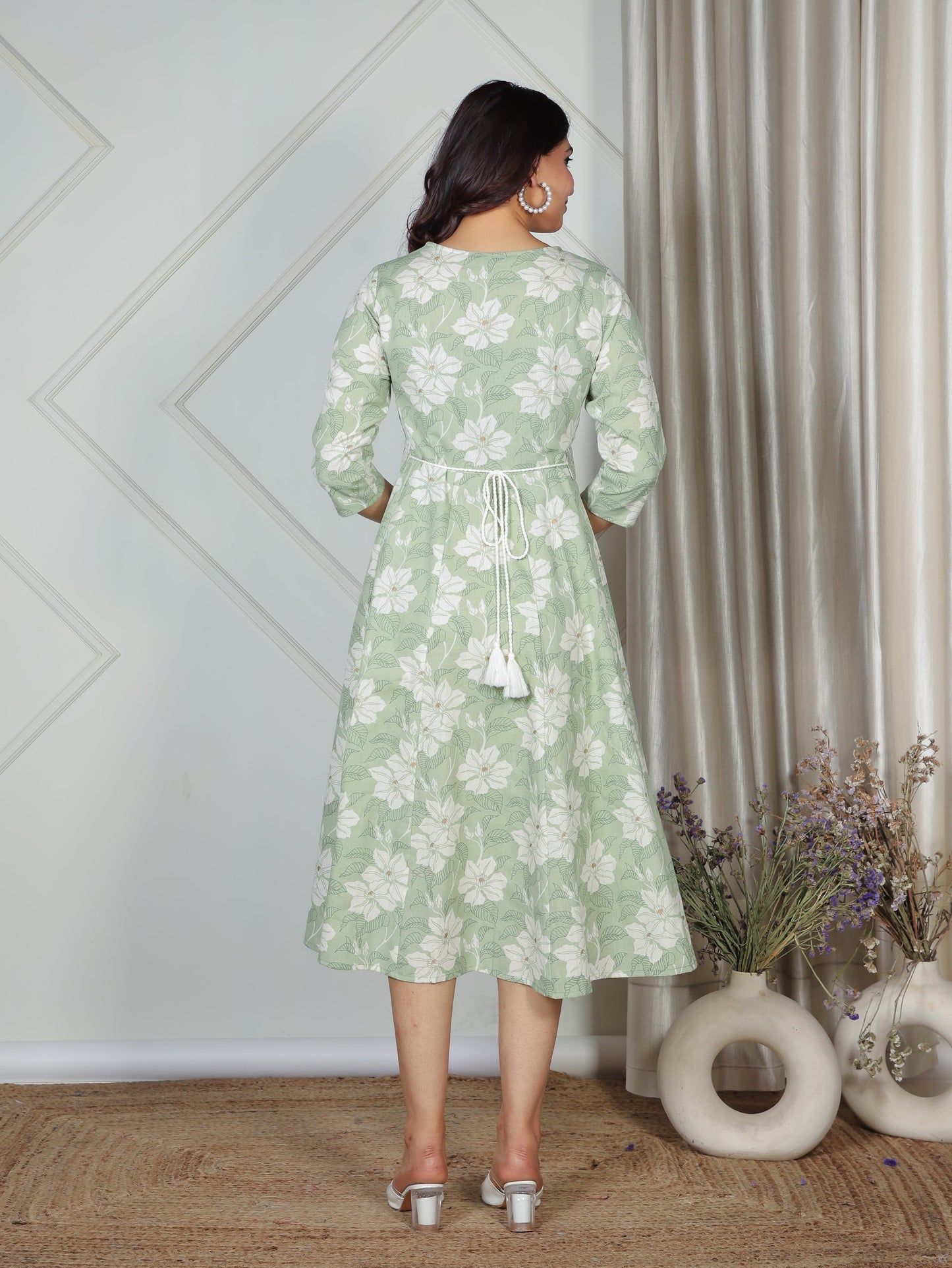 Linen Cotton Floral Angrakha Green Dress