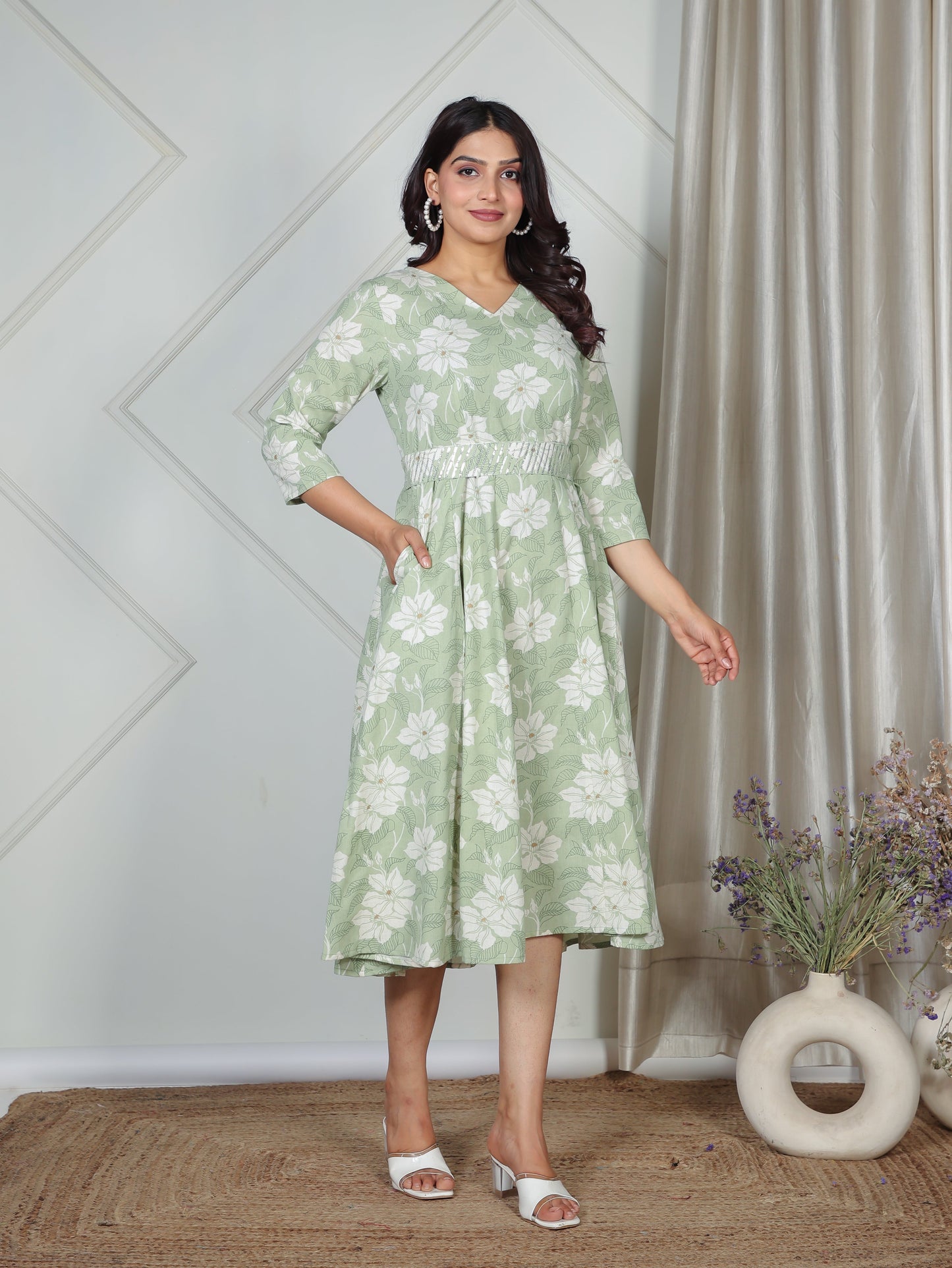 Linen Cotton Floral Angrakha Green Dress