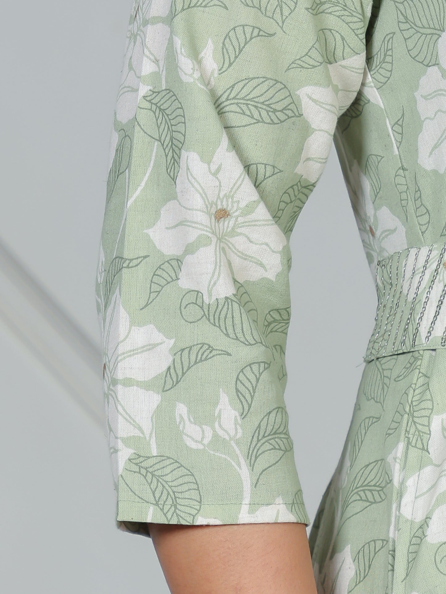 Linen Cotton Floral Angrakha Green Dress