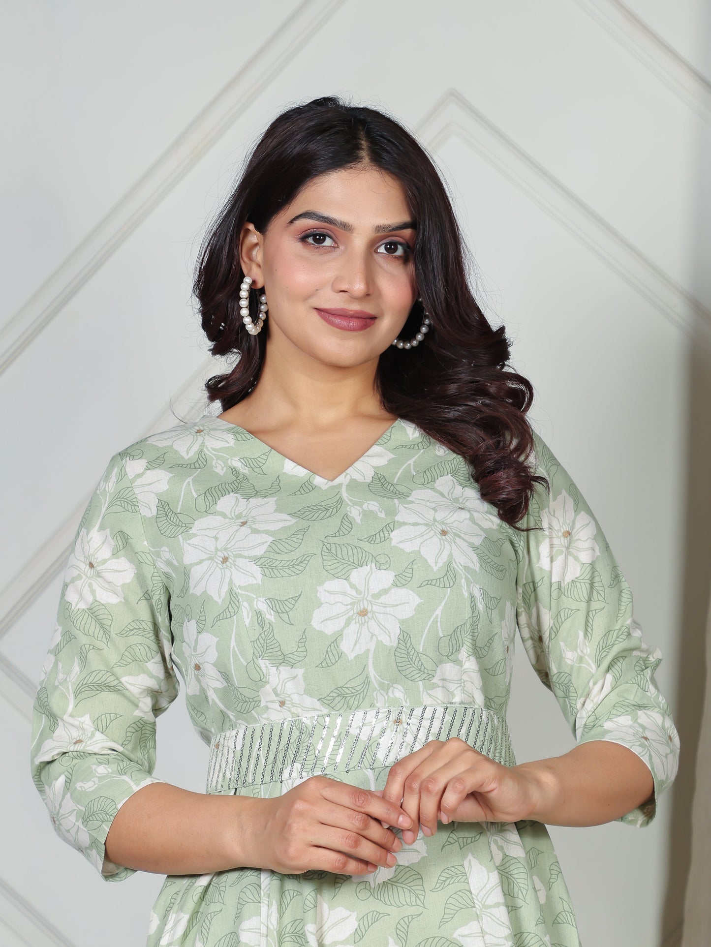 Linen Cotton Floral Angrakha Green Dress