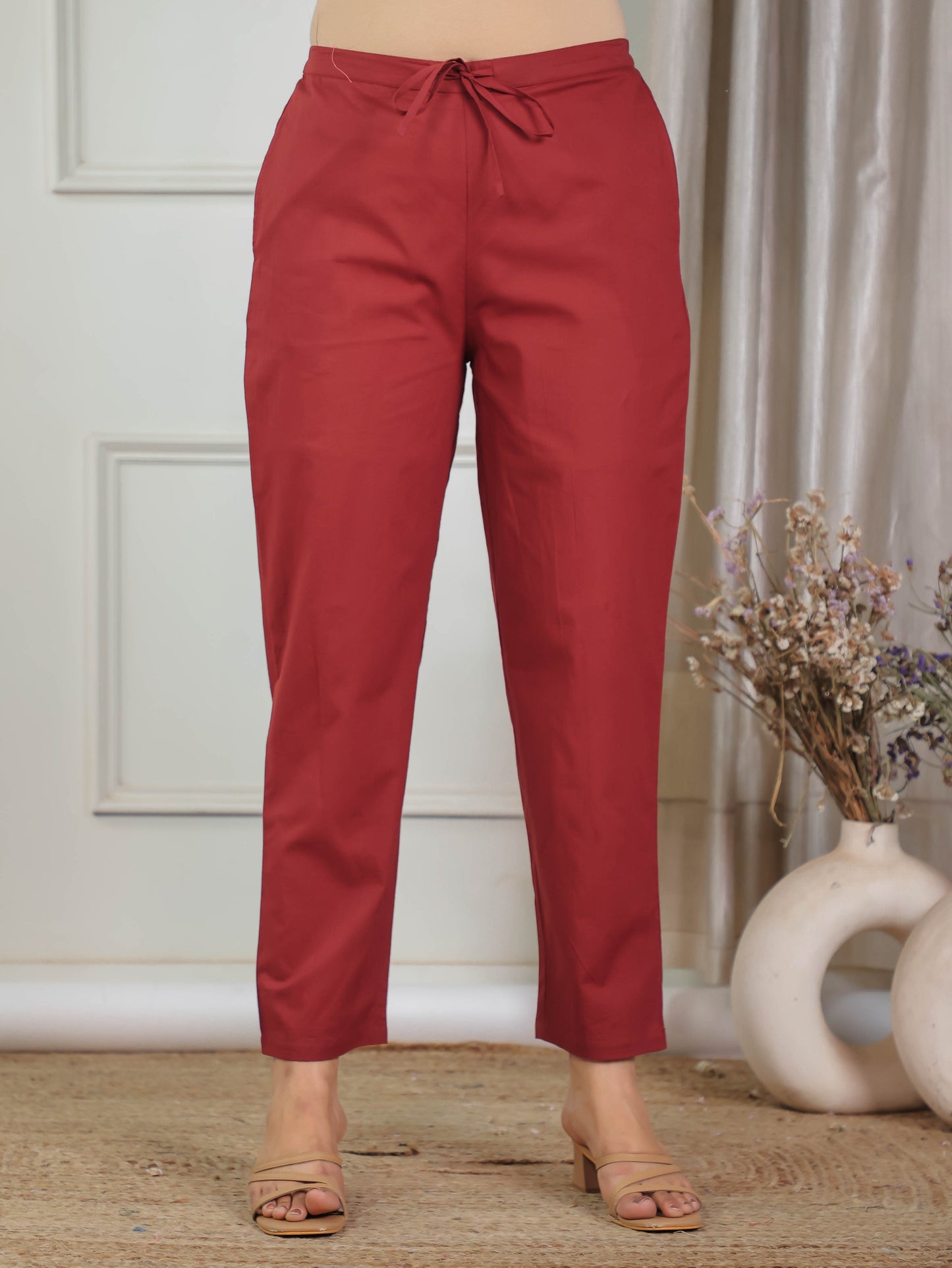 Soft Cotton Solid Red Tapered Trousers