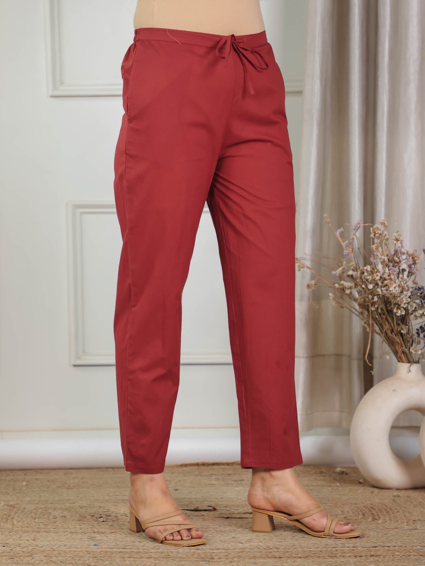 Soft Cotton Solid Red Tapered Trousers